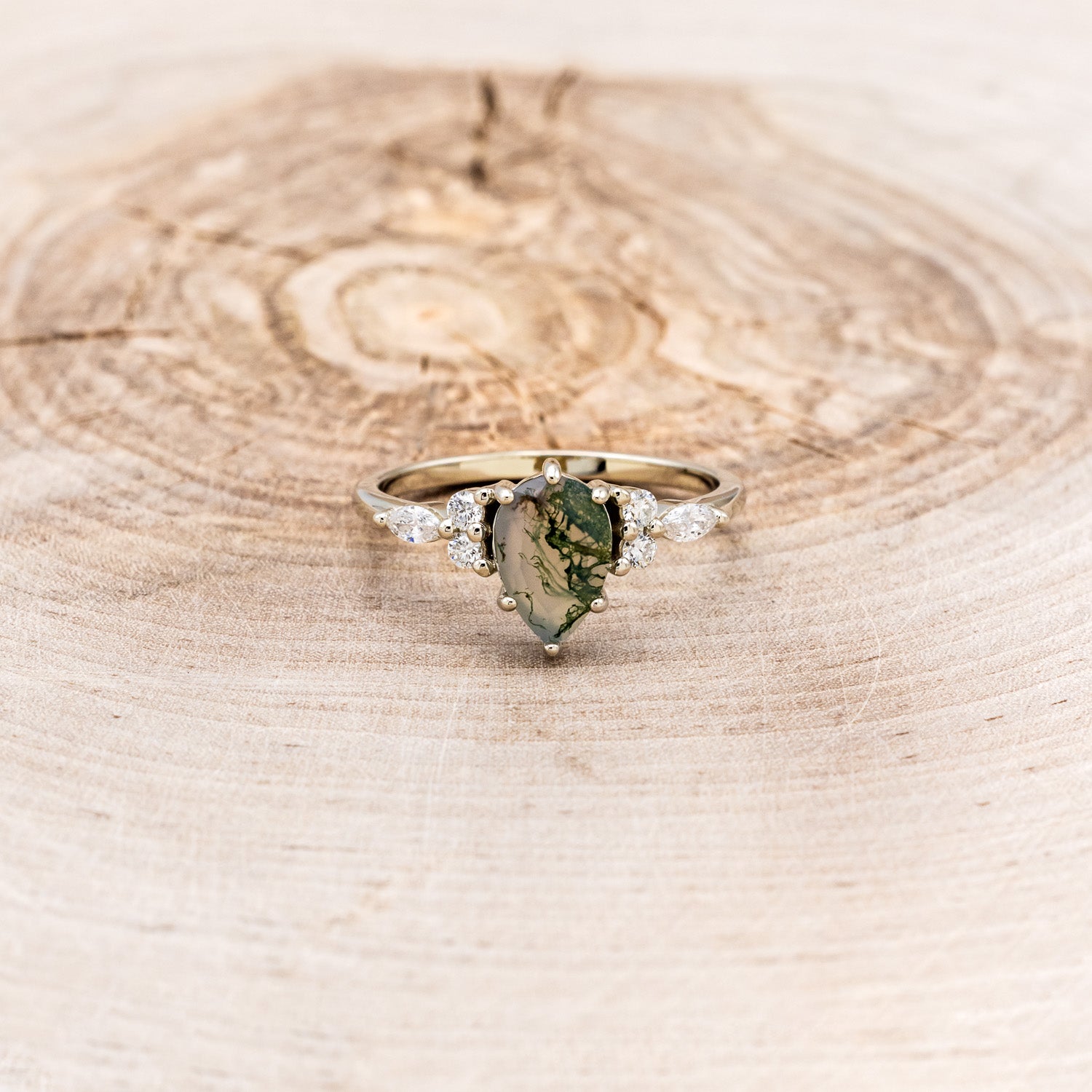 "SAGE" - PEAR-SHAPED MOSS AGATE ENGAGEMENT RING WITH DIAMOND ACCENTS-10