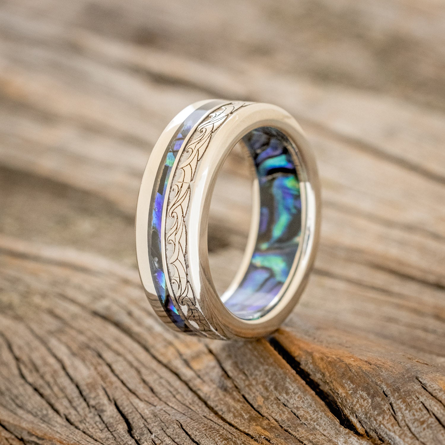 "TRITON" - WAVE ENGRAVED WEDDING BAND WITH PAUA SHELL INLAY & LINING-7
