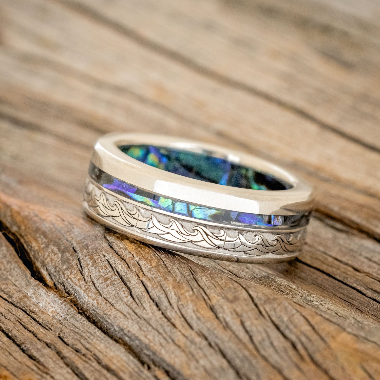 "TRITON" - WAVE ENGRAVED WEDDING BAND WITH PAUA SHELL INLAY & LINING-8