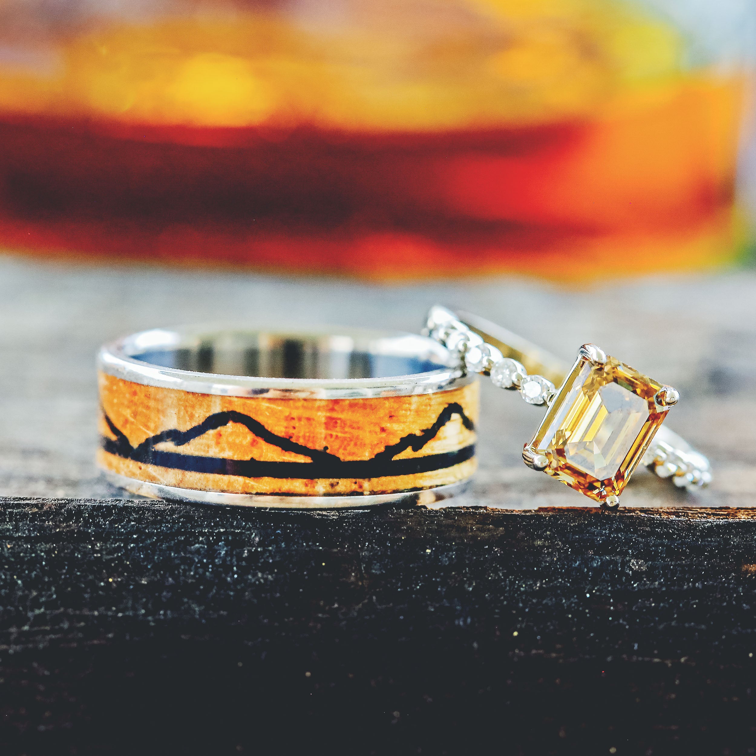 "THE EXPEDITION" - MOUNTAIN ENGRAVED WEDDING RING WITH WHISKEY BARREL OAK & CHARRED WHISKEY BARREL-4