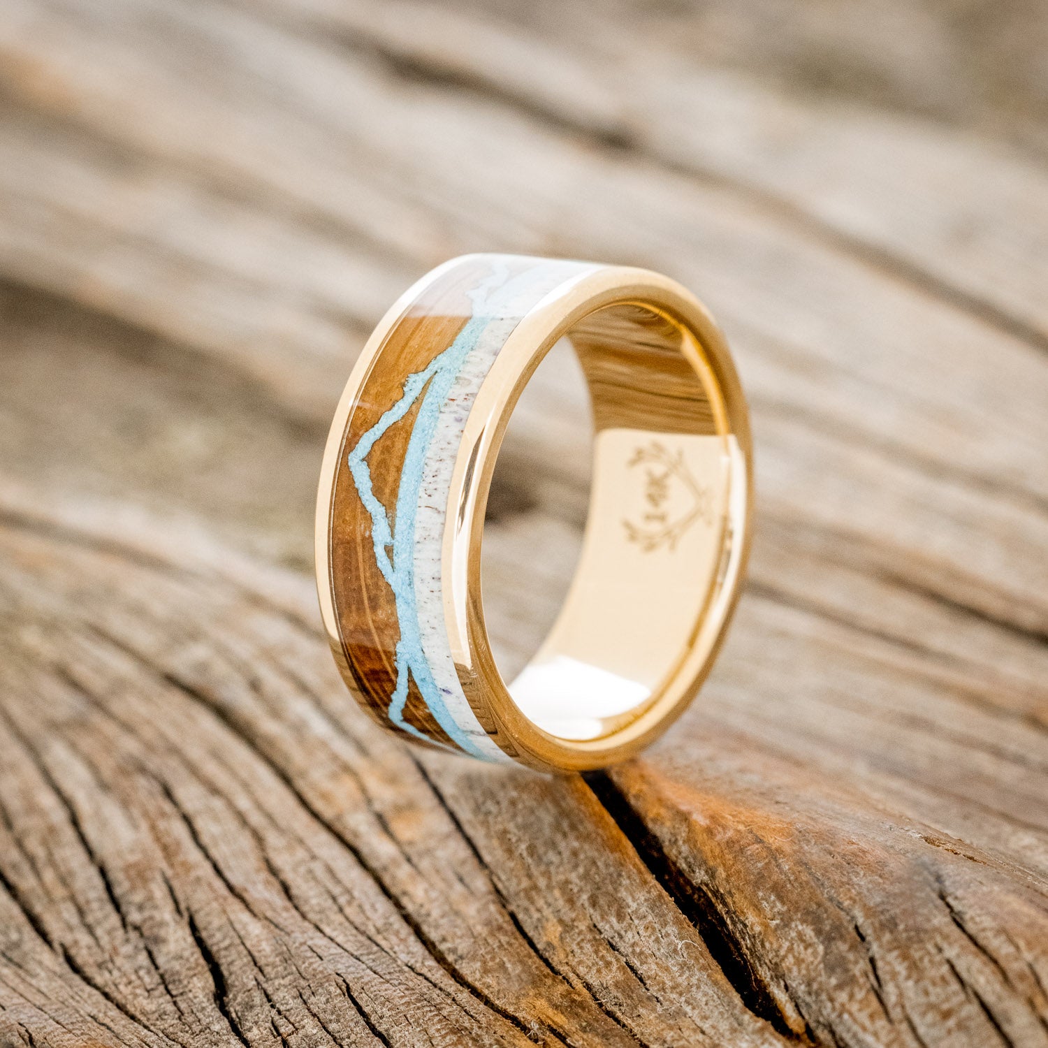 "THE EXPEDITION" - MOUNTAIN ENGRAVED WEDDING RING WITH WHISKEY BARREL OAK, TURQUOISE & ANTLER-13