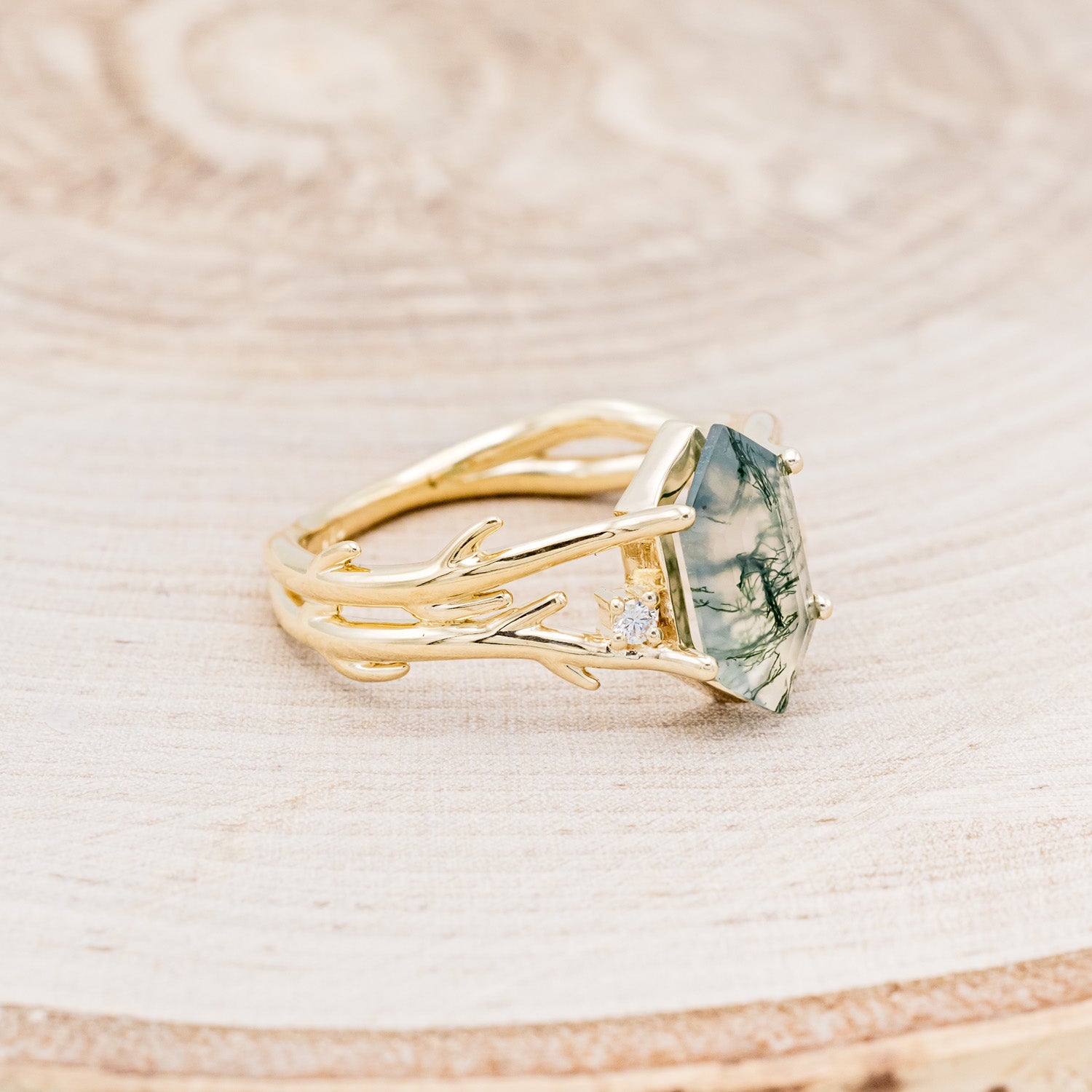 "ARTEMIS" - ELONGATED HEXAGON MOSS AGATE ENGAGEMENT RING WITH AN ANTLER STYLE BAND & DIAMOND ACCENTS-8