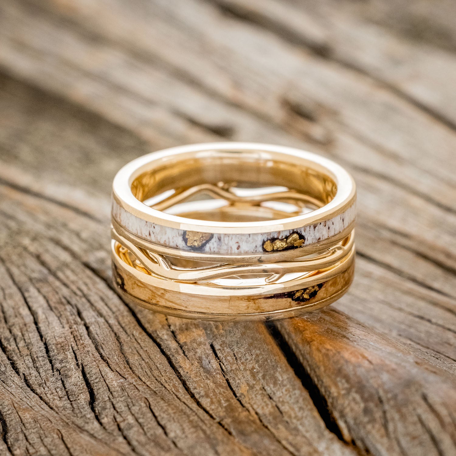 MEN'S "ARTEMIS" - WHISKEY BARREL OAK & ANTLER WEDDING RING FEATURING GOLD NUGGETS-3