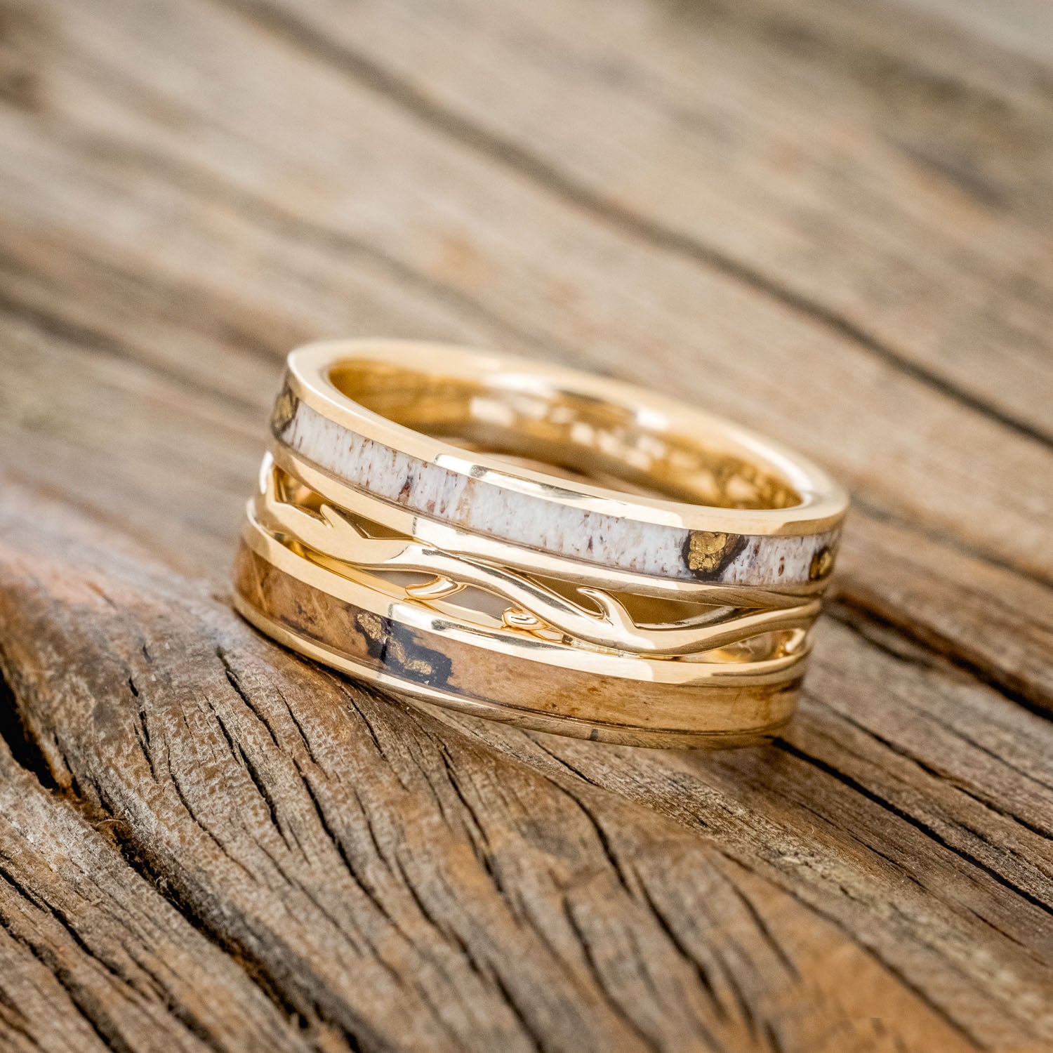 MEN'S "ARTEMIS" - WHISKEY BARREL OAK & ANTLER WEDDING RING FEATURING GOLD NUGGETS-2