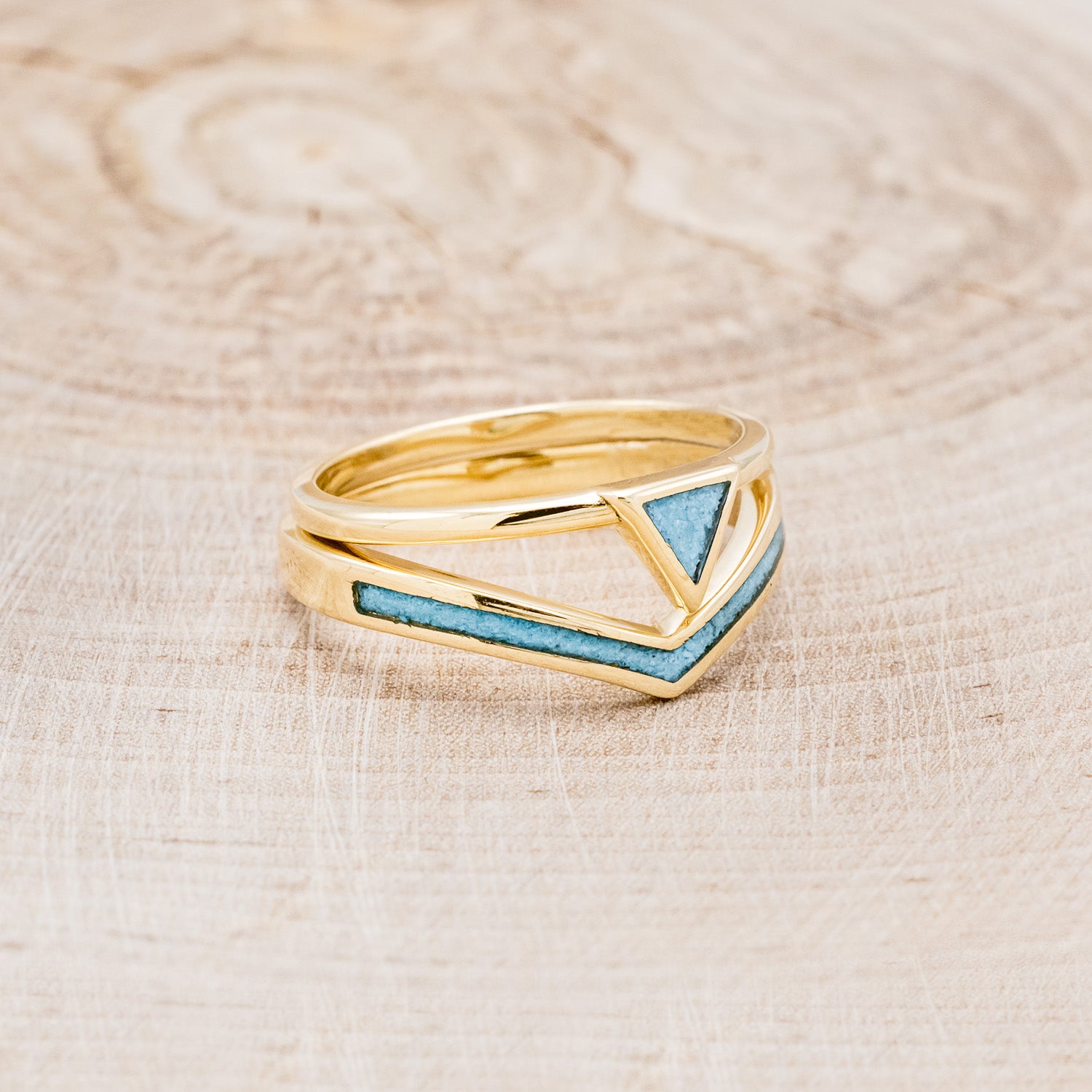 "ATLANTIS" - TRIANGLE TURQUOISE ENGAGEMENT RING WITH V-SHAPED TURQUOISE TRACER-2