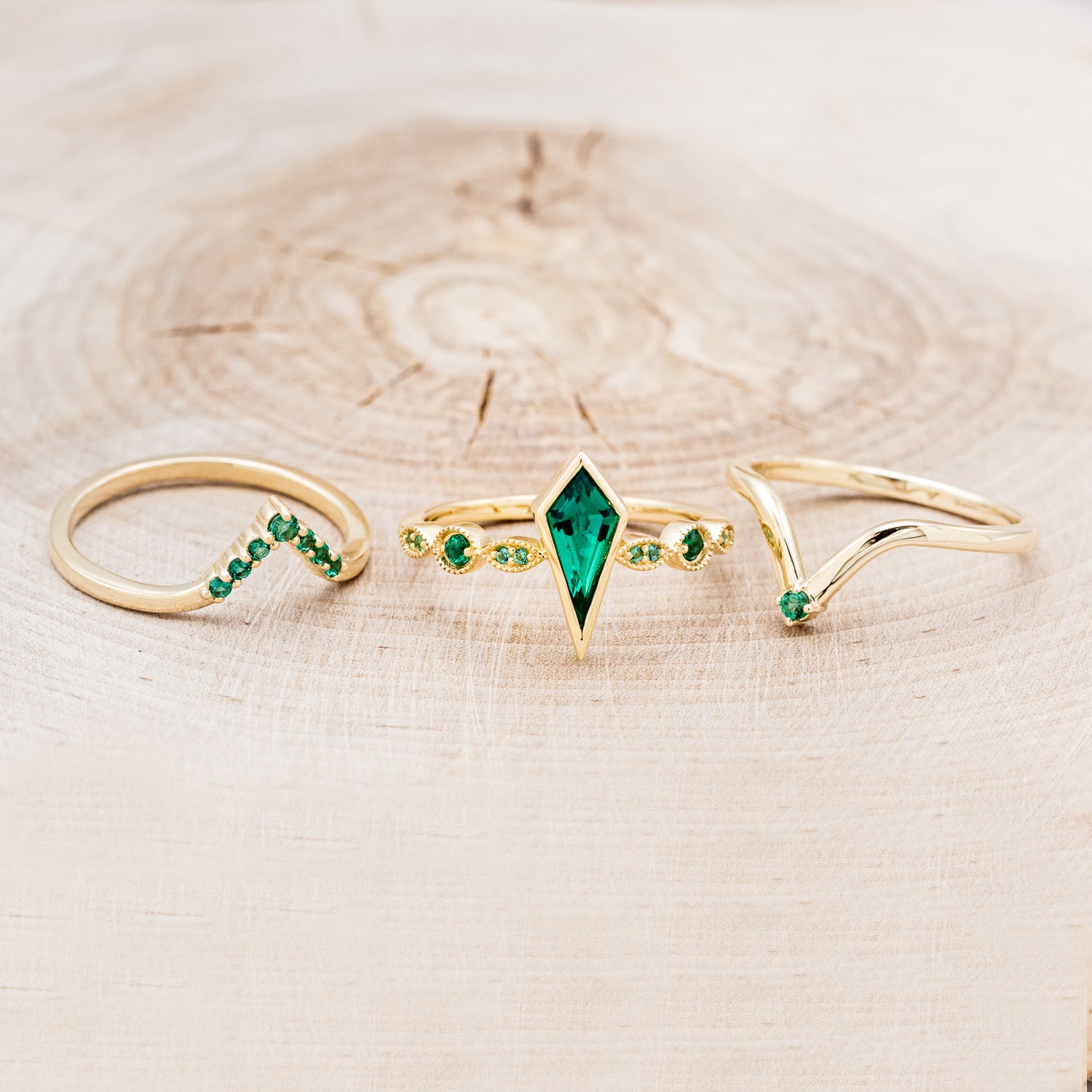 "BIANCA" - BRIDAL SUITE - KITE CUT LAB-GROWN EMERALD ENGAGEMENT RING WITH EMERALD & DIAMOND ACCENTS-6