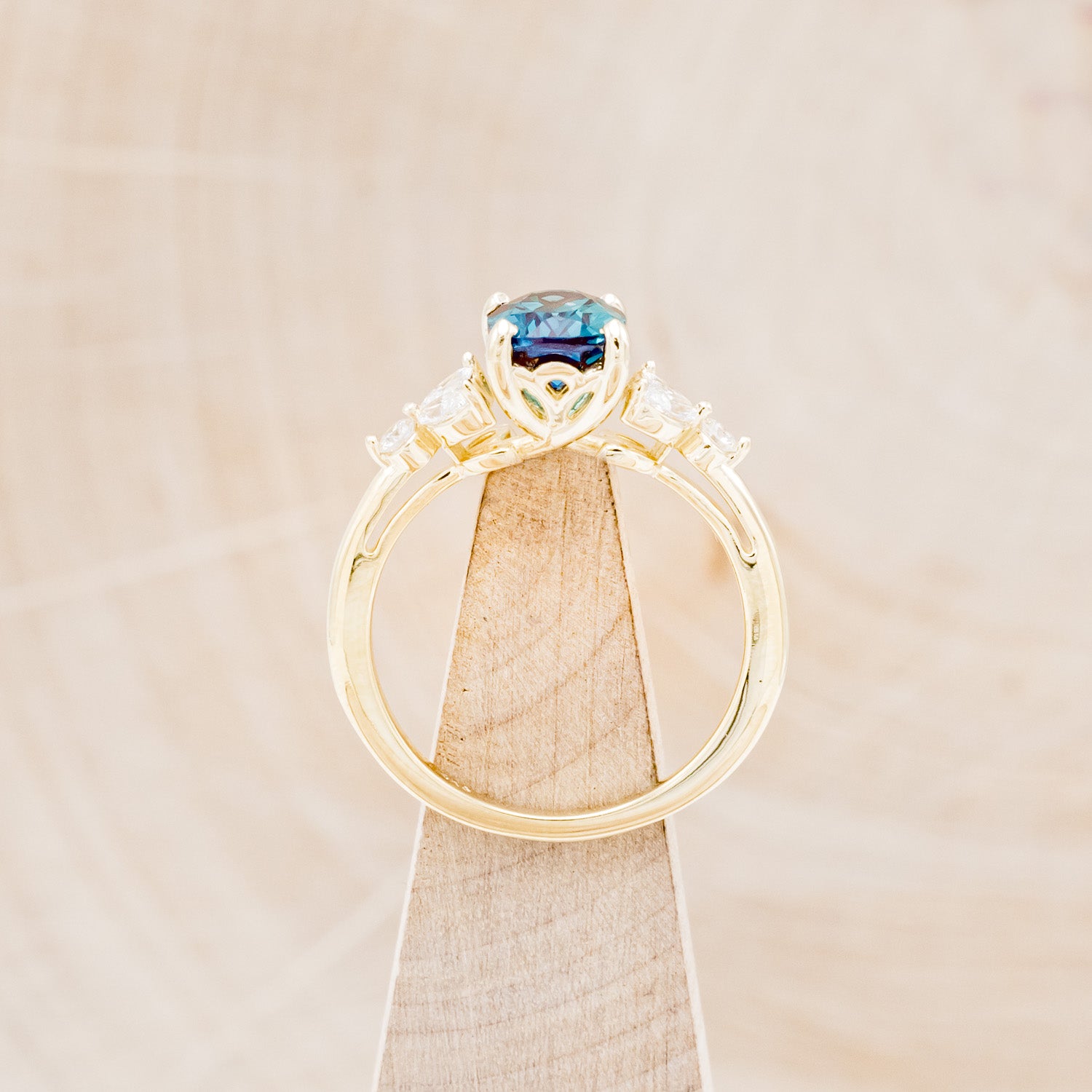 "BLOSSOM" - OVAL LAB-GROWN ALEXANDRITE ENGAGEMENT RING WITH LEAF-SHAPED DIAMOND ACCENTS-12