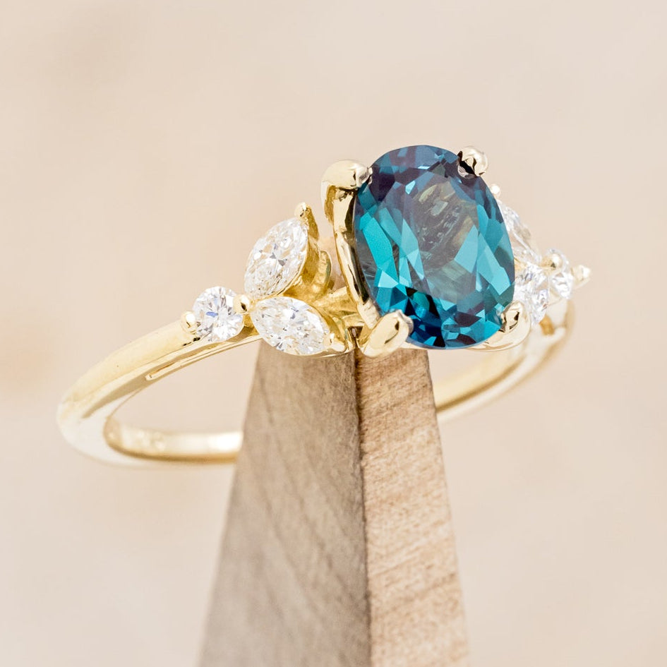 "BLOSSOM" - OVAL LAB-GROWN ALEXANDRITE ENGAGEMENT RING WITH LEAF-SHAPED DIAMOND ACCENTS-7