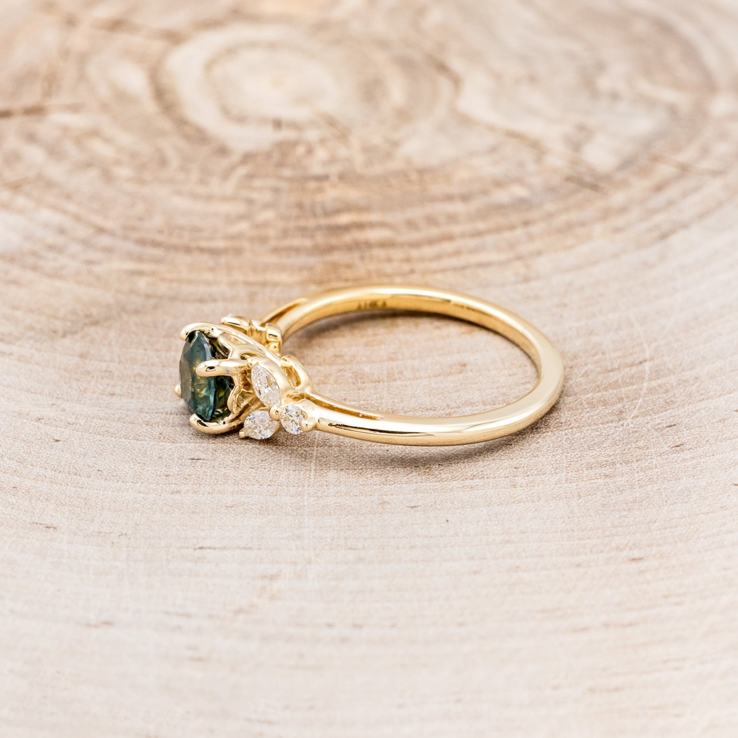 "BLOSSOM" - ROUND CUT MONTANA SAPPHIRE ENGAGEMENT RING WITH LEAF-SHAPED DIAMOND ACCENTS-3