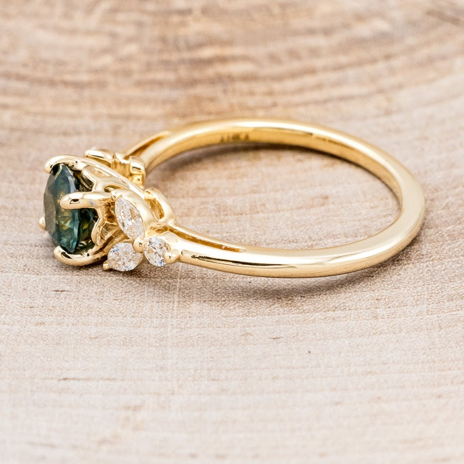 "BLOSSOM" - ROUND CUT MONTANA SAPPHIRE ENGAGEMENT RING WITH LEAF-SHAPED DIAMOND ACCENTS-3