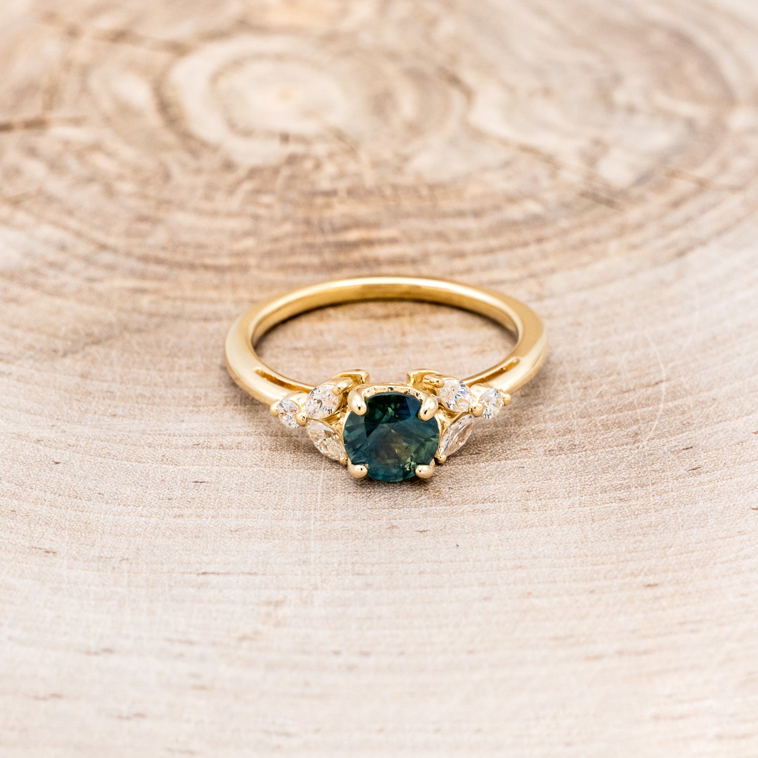 "BLOSSOM" - ROUND CUT MONTANA SAPPHIRE ENGAGEMENT RING WITH LEAF-SHAPED DIAMOND ACCENTS-4