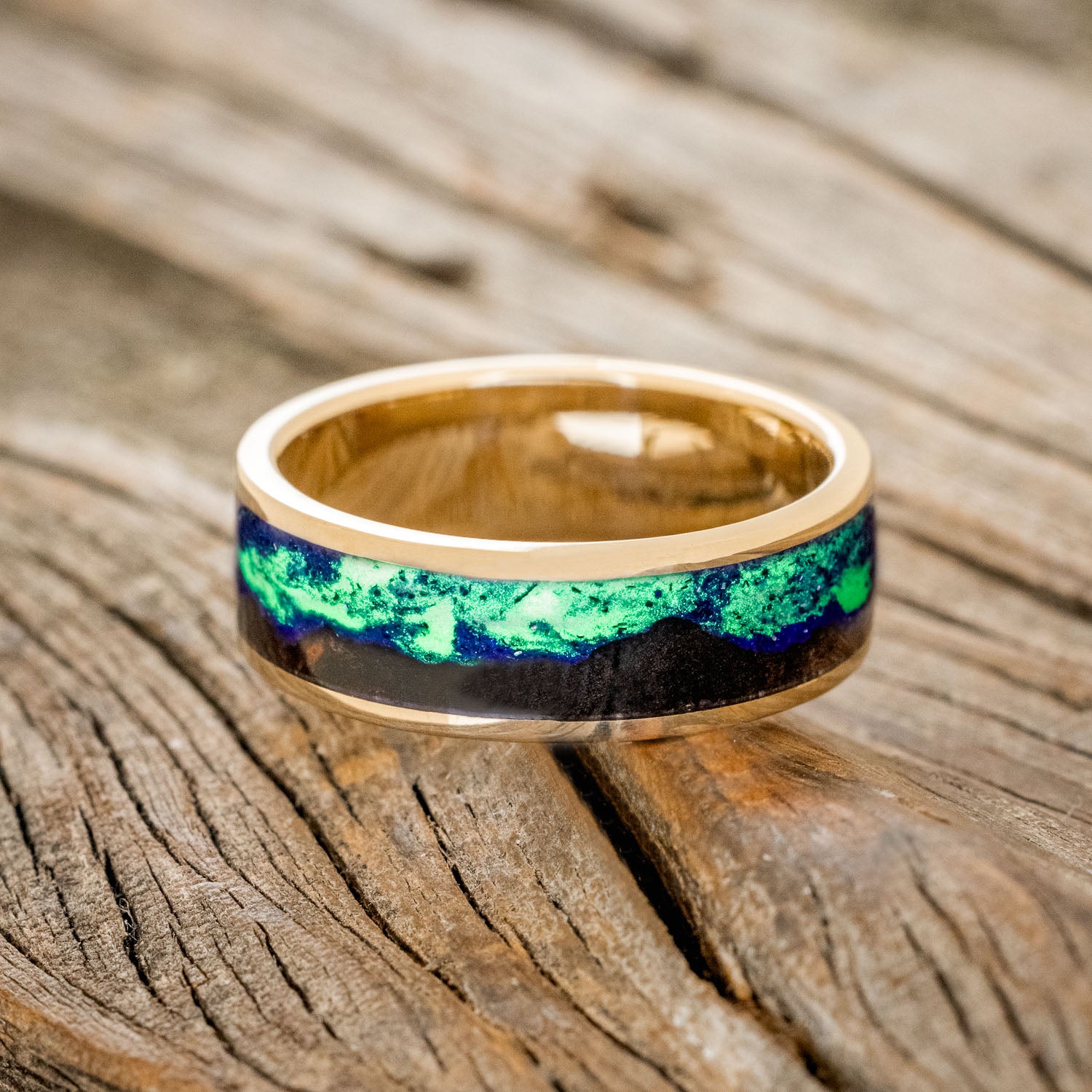"BOREALIS" - MOUNTAIN ENGRAVED WEDDING RING WITH DARK MAPLE WOOD & GLOW IN THE DARK NORTHERN LIGHTS-23