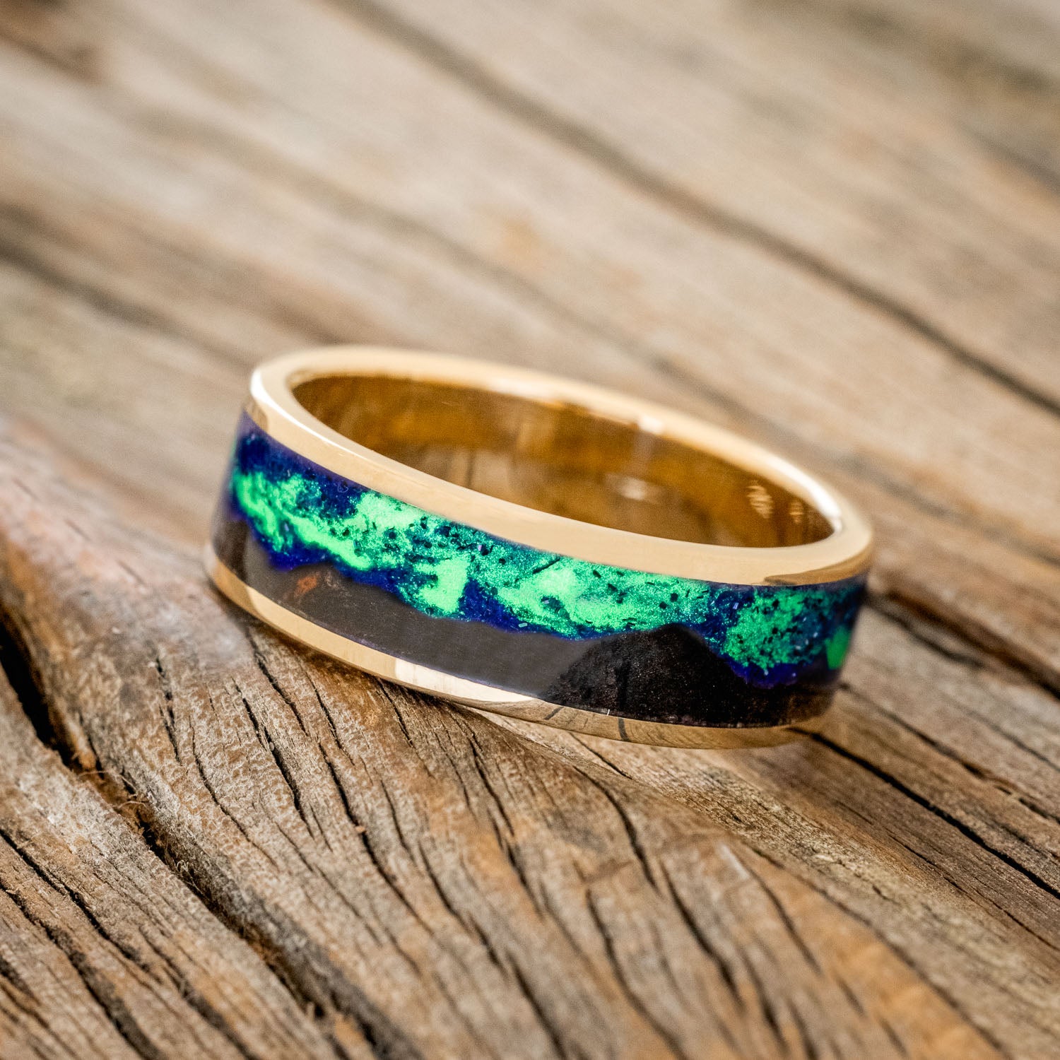 "BOREALIS" - MOUNTAIN ENGRAVED WEDDING RING WITH DARK MAPLE WOOD & GLOW IN THE DARK NORTHERN LIGHTS-22