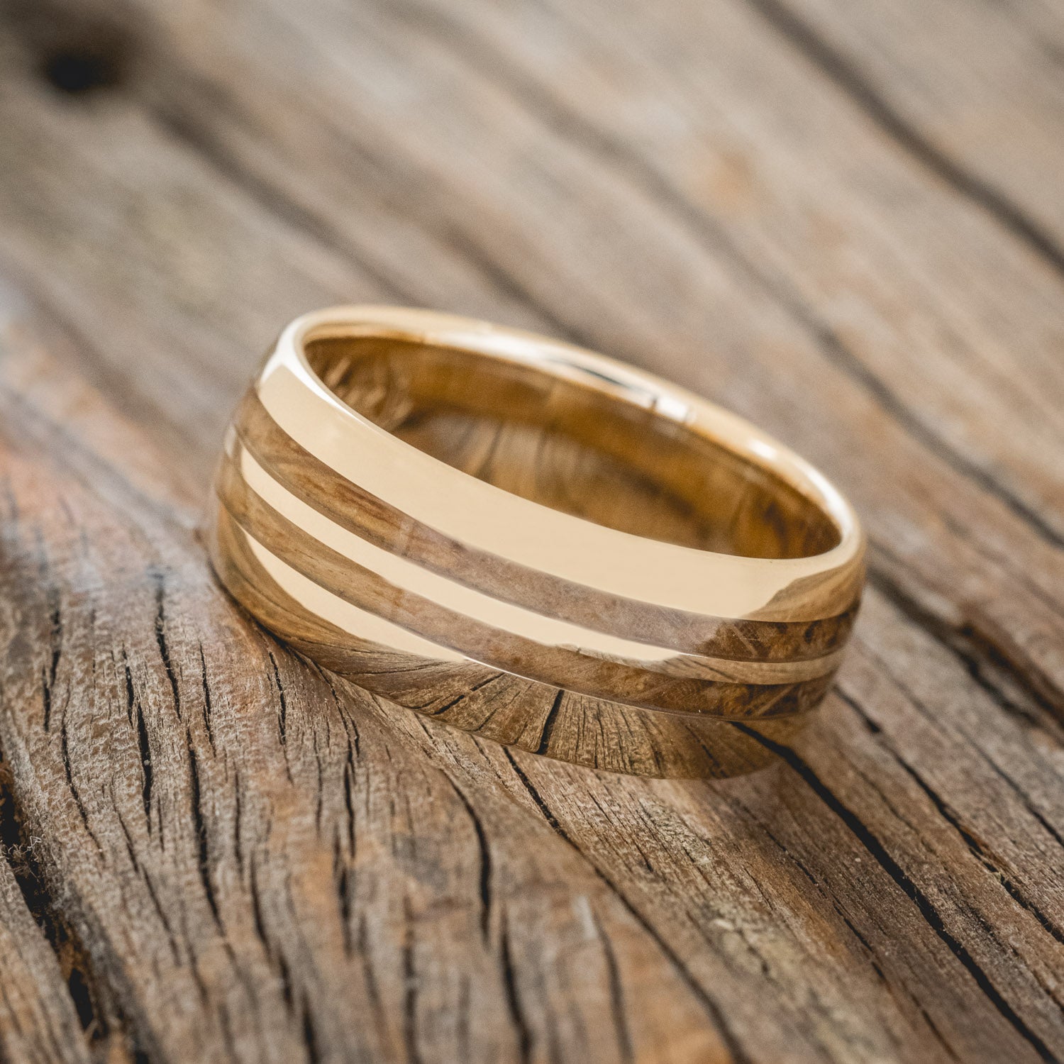 "COSMO" - DOMED WHISKEY BARREL OAK WEDDING RING-8