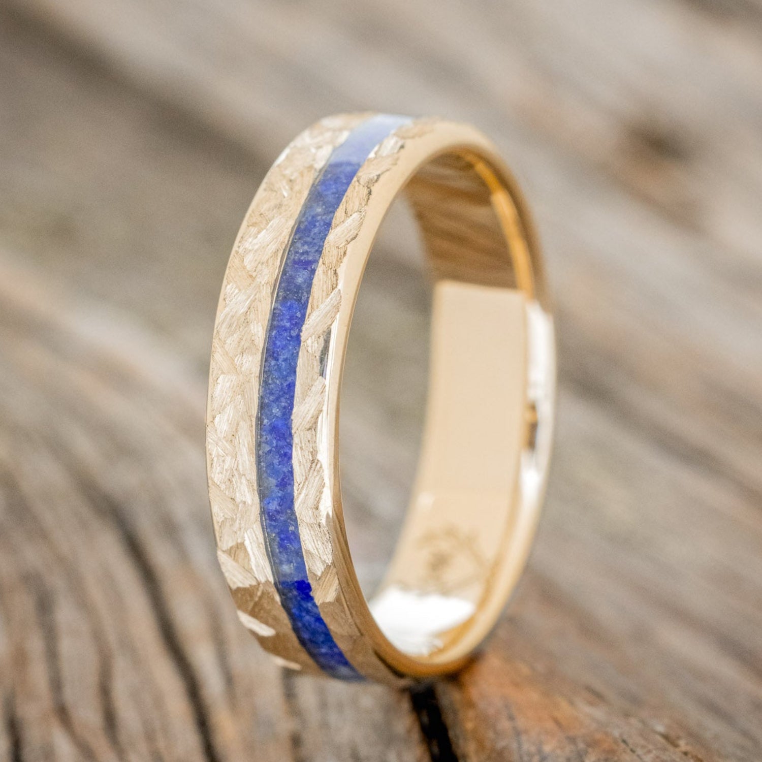 "VERTIGO" - LAPIS LAZULI WEDDING RING FEATURING A CROSSHATCHED 14K GOLD BAND-4