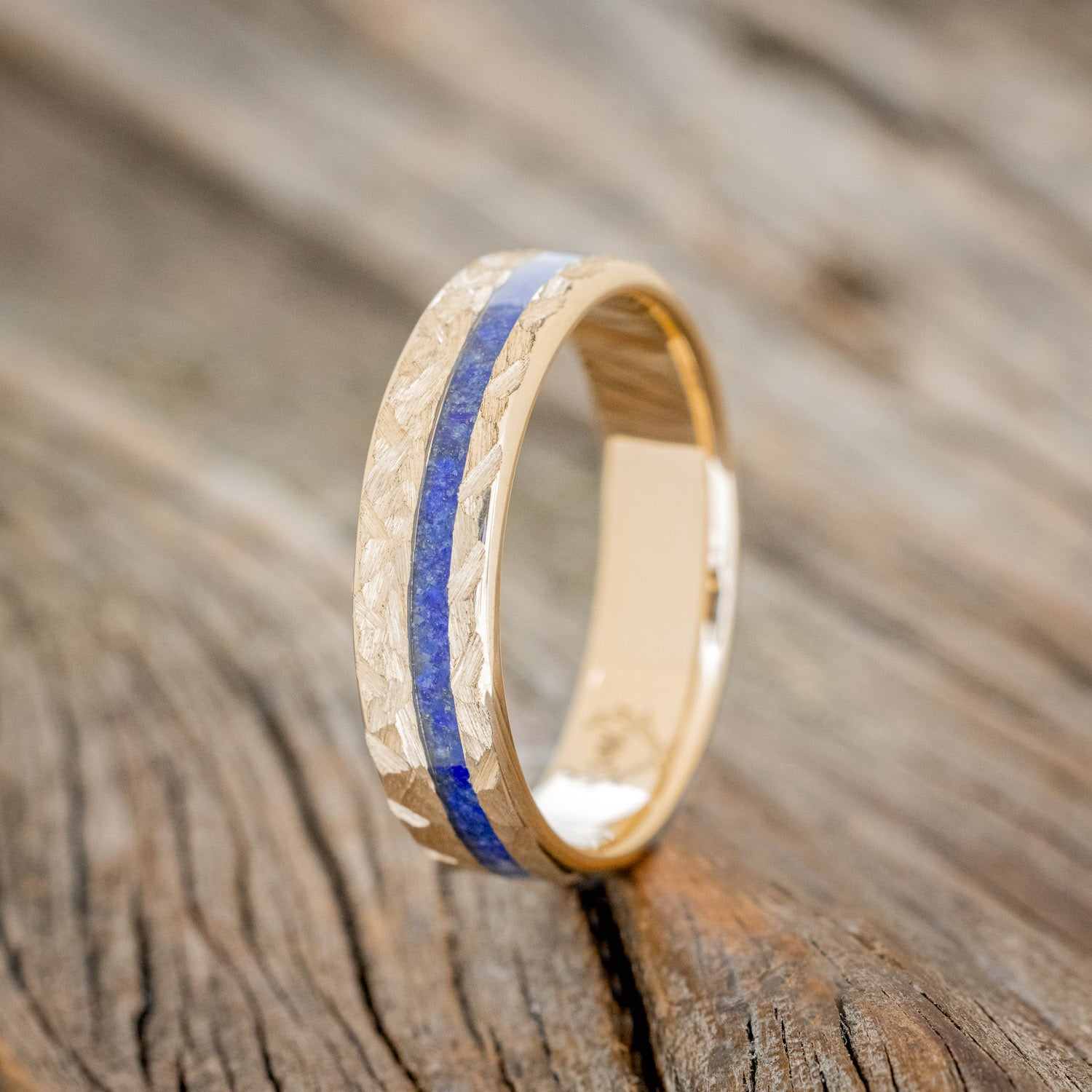 "VERTIGO" - LAPIS LAZULI WEDDING RING FEATURING A CROSSHATCHED 14K GOLD BAND-4