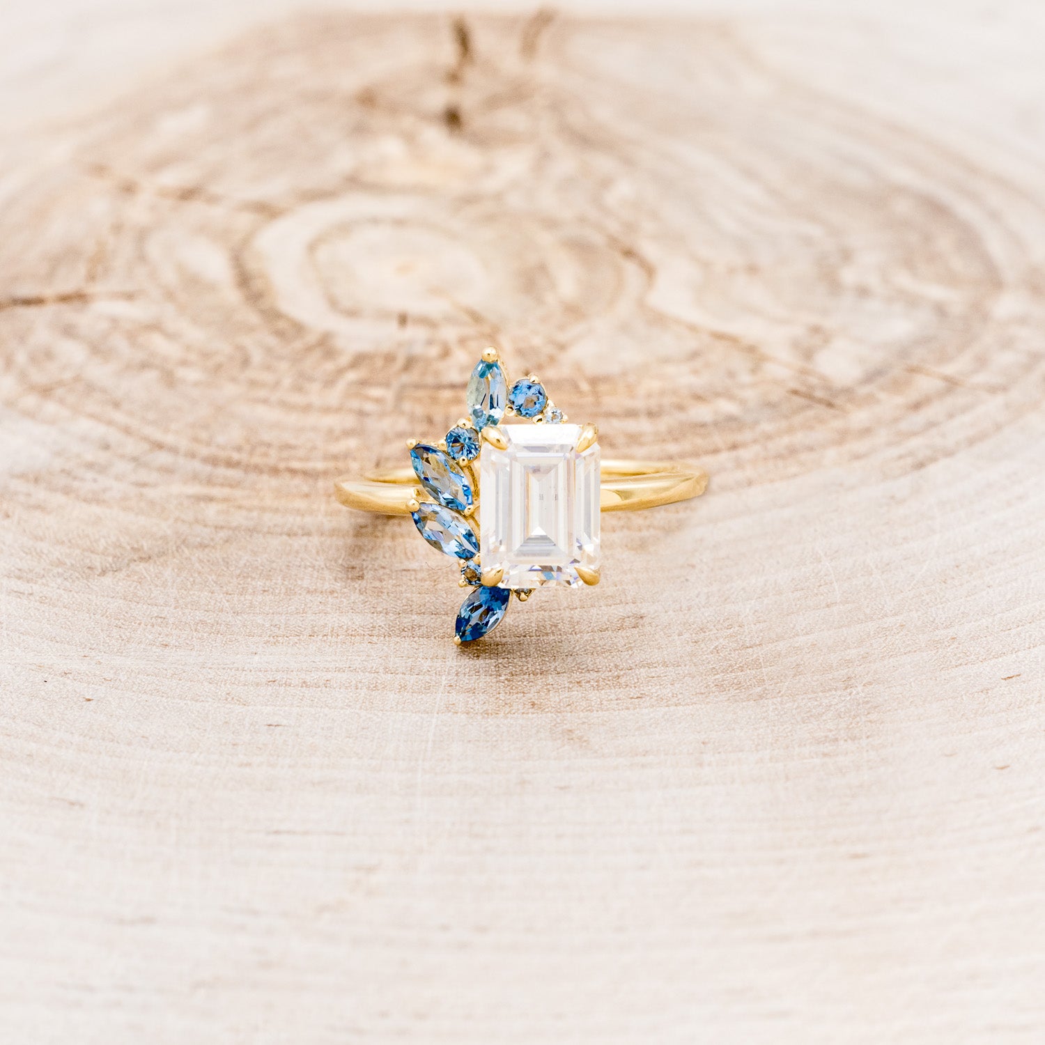 "ISABELLA" - EMERALD CUT MOISSANITE ENGAGEMENT RING WITH AQUAMARINE ACCENTS-4