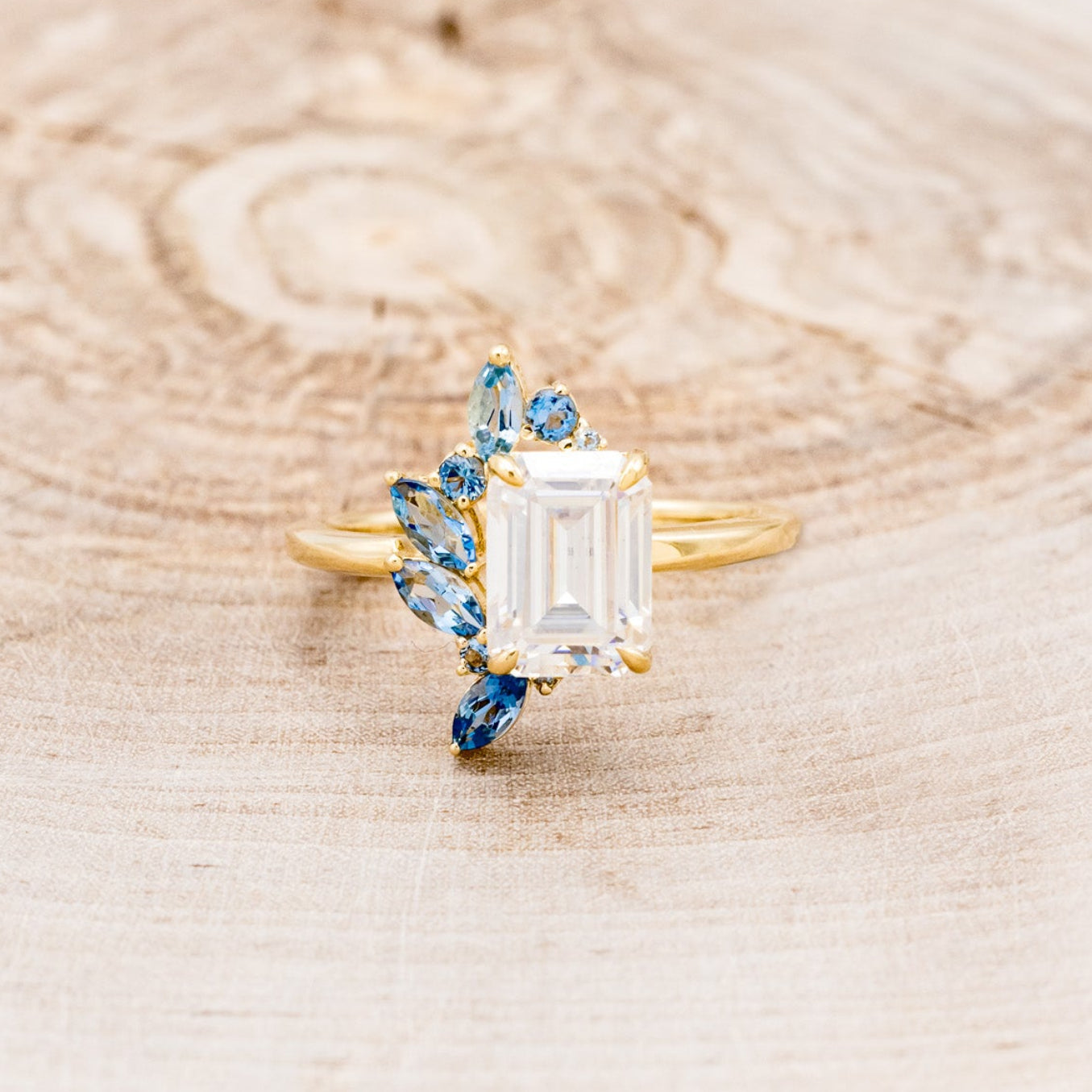 "ISABELLA" - EMERALD CUT MOISSANITE ENGAGEMENT RING WITH AQUAMARINE ACCENTS-4