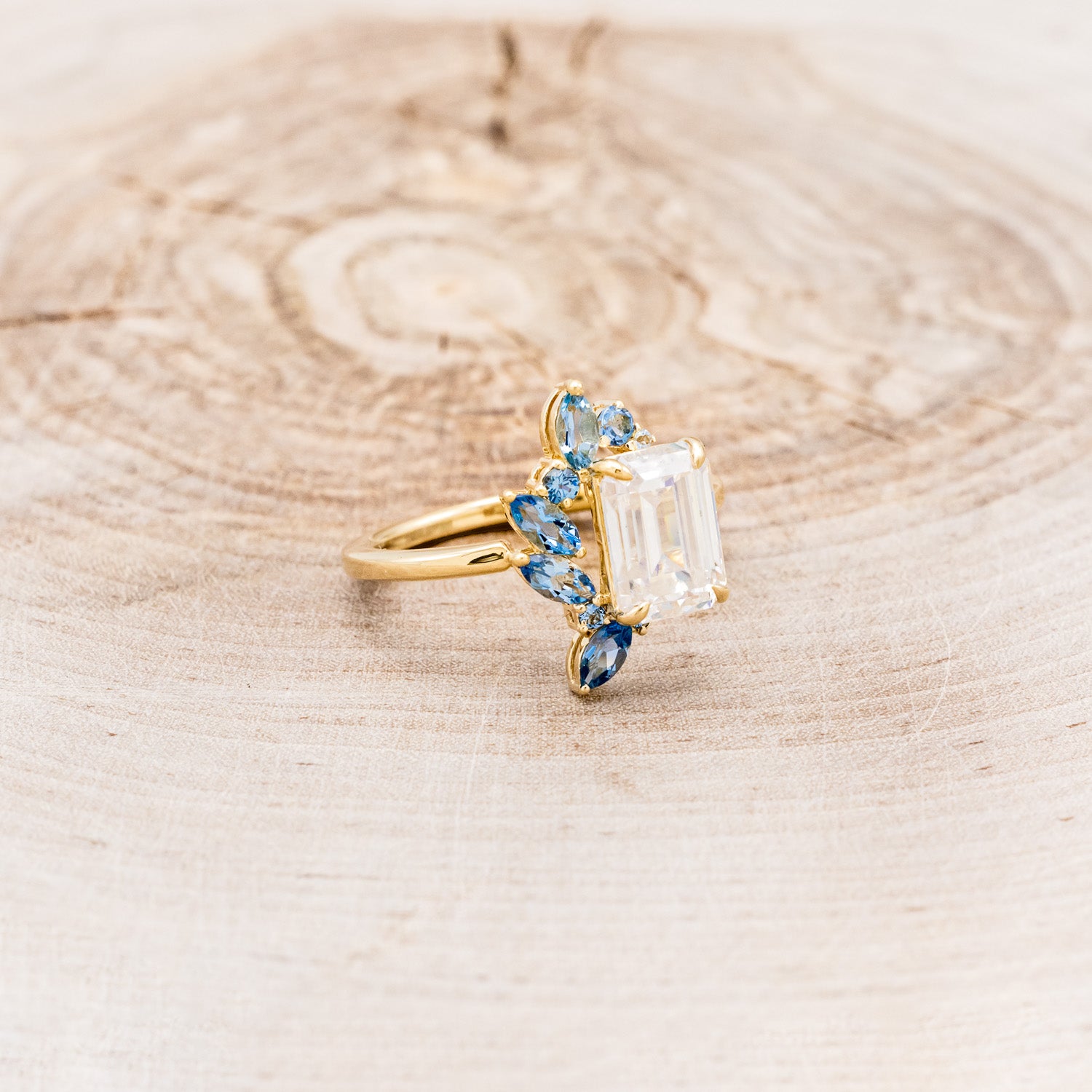 "ISABELLA" - EMERALD CUT MOISSANITE ENGAGEMENT RING WITH AQUAMARINE ACCENTS-2