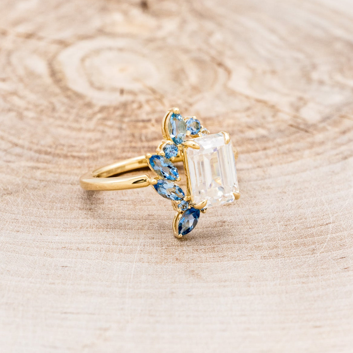 "ISABELLA" - EMERALD CUT MOISSANITE ENGAGEMENT RING WITH AQUAMARINE ACCENTS-2
