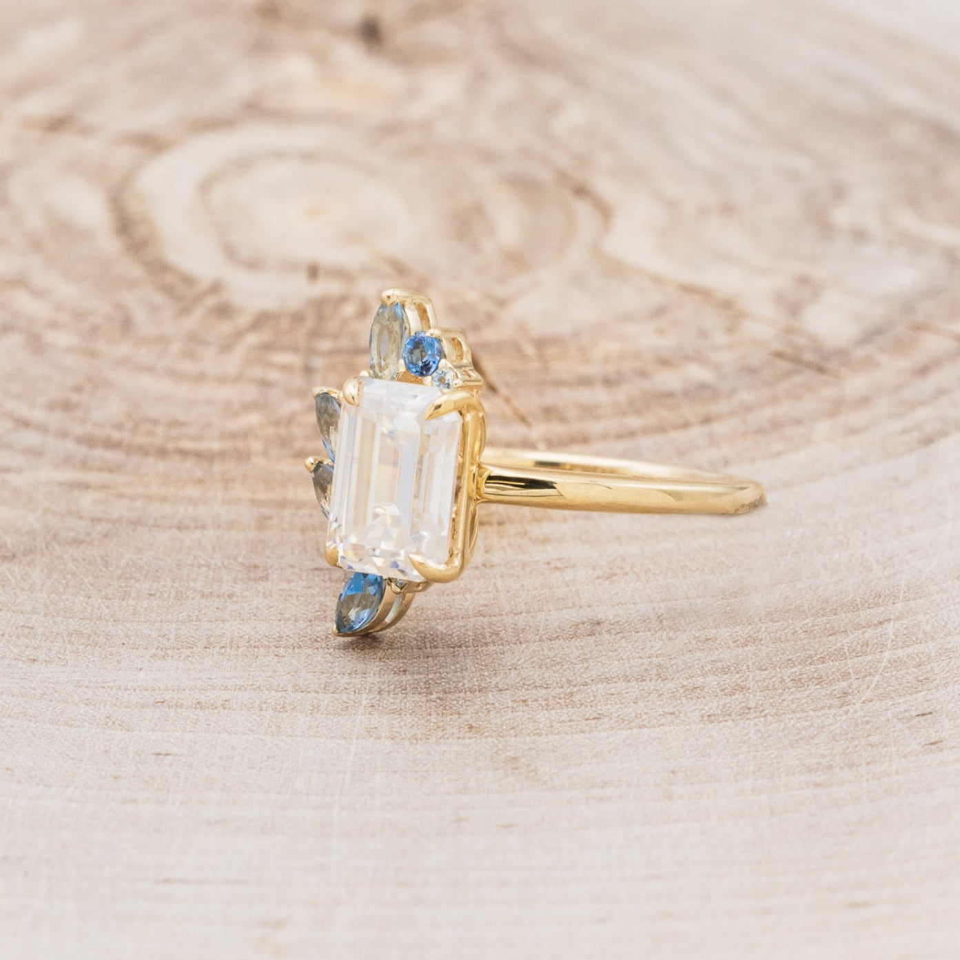 "ISABELLA" - EMERALD CUT MOISSANITE ENGAGEMENT RING WITH AQUAMARINE ACCENTS-3