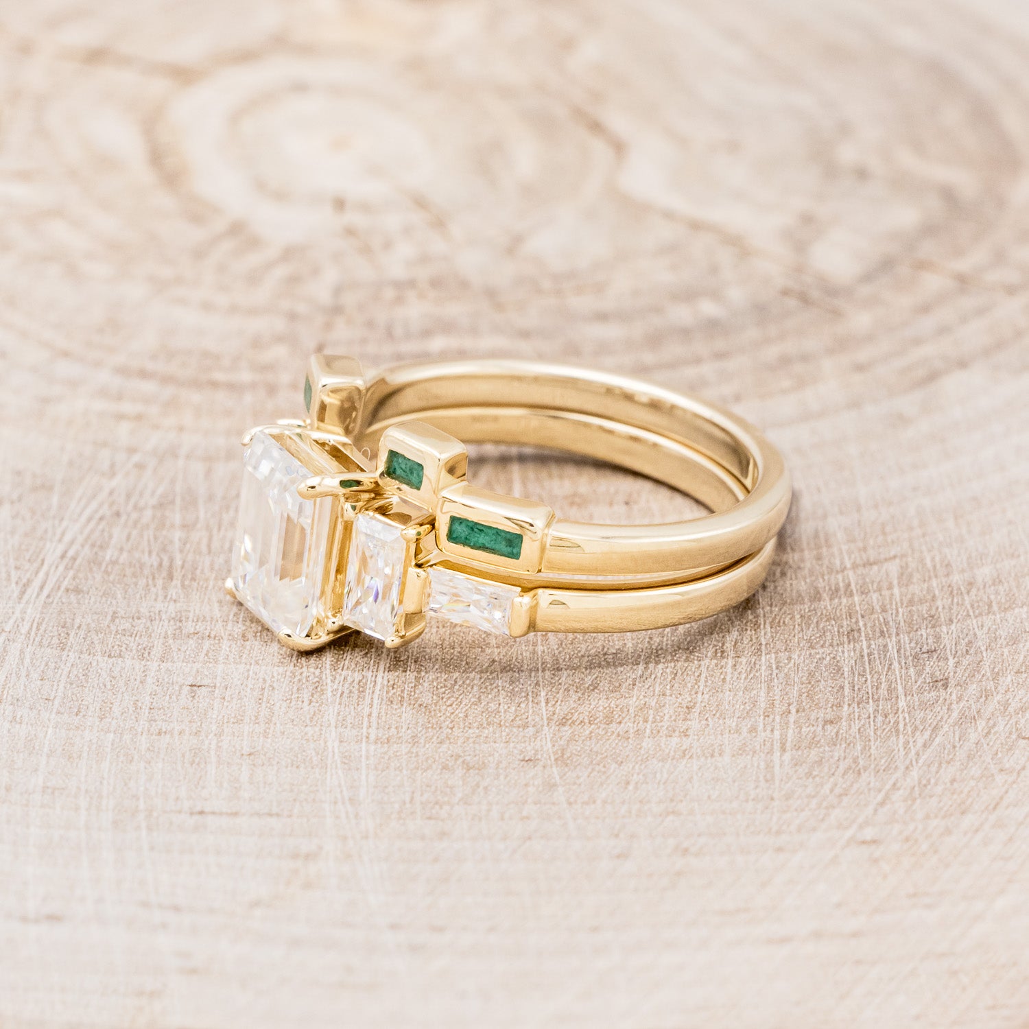 "GRETA" - EMERALD CUT MOISSANITE ENGAGEMENT RING WITH MALACHITE STACKING BAND-3