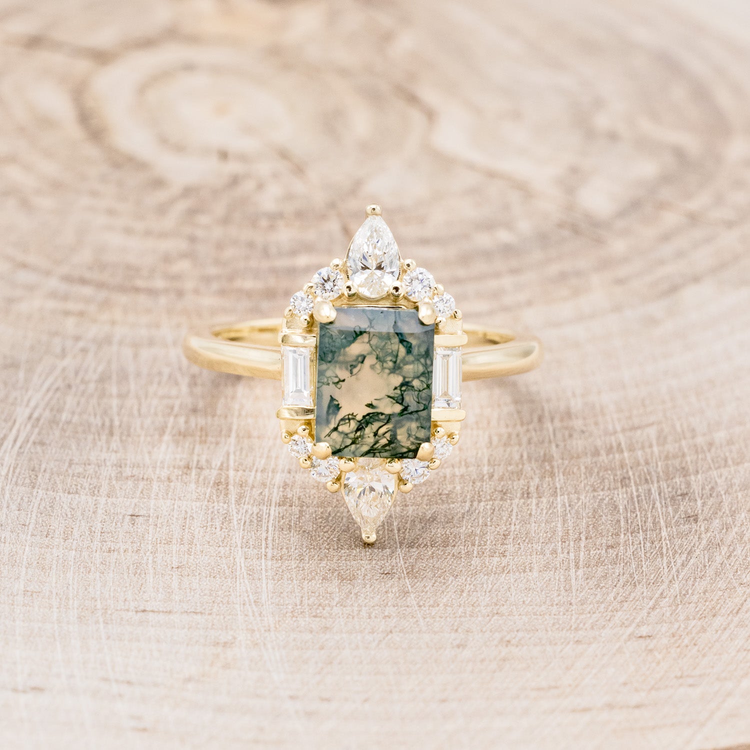 "NEFERTITI" - EMERALD-CUT MOSS AGATE ENGAGEMENT RING WITH DIAMOND ACCENTS-4