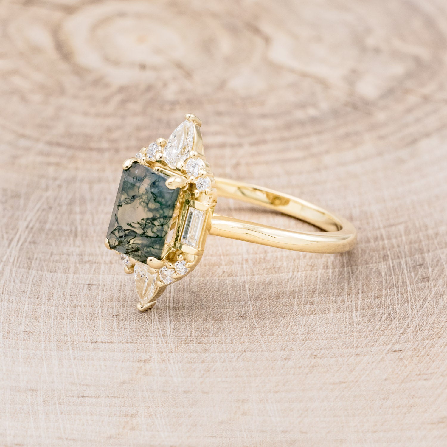 "NEFERTITI" - EMERALD-CUT MOSS AGATE ENGAGEMENT RING WITH DIAMOND ACCENTS-3
