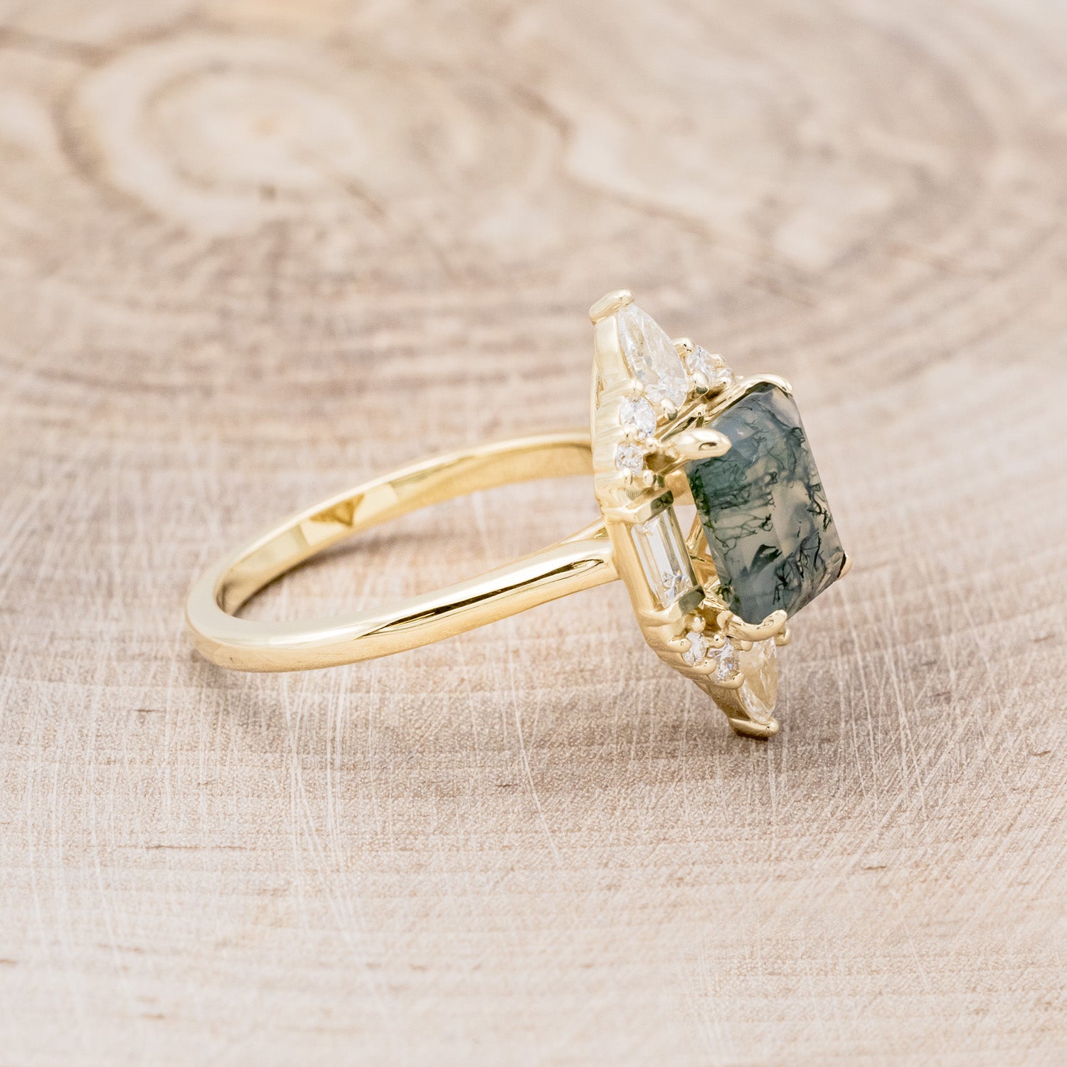 "NEFERTITI" - EMERALD-CUT MOSS AGATE ENGAGEMENT RING WITH DIAMOND ACCENTS-2