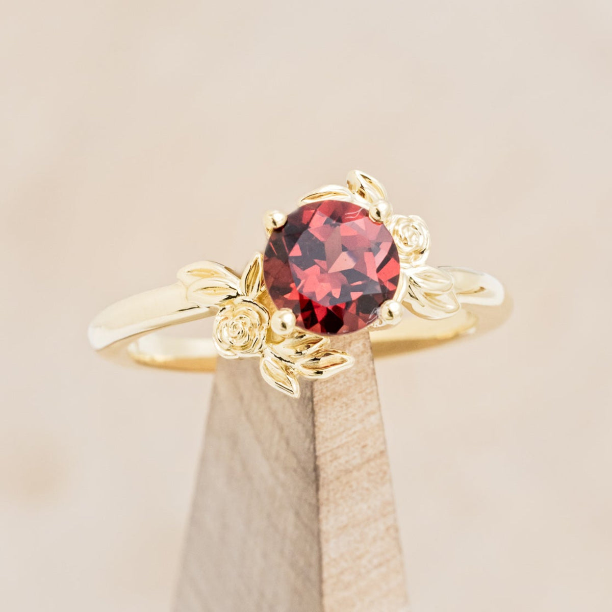 "ROSA" - ROUND CUT MOZAMBIQUE GARNET ENGAGEMENT RING WITH FLOWER ACCENTS-13