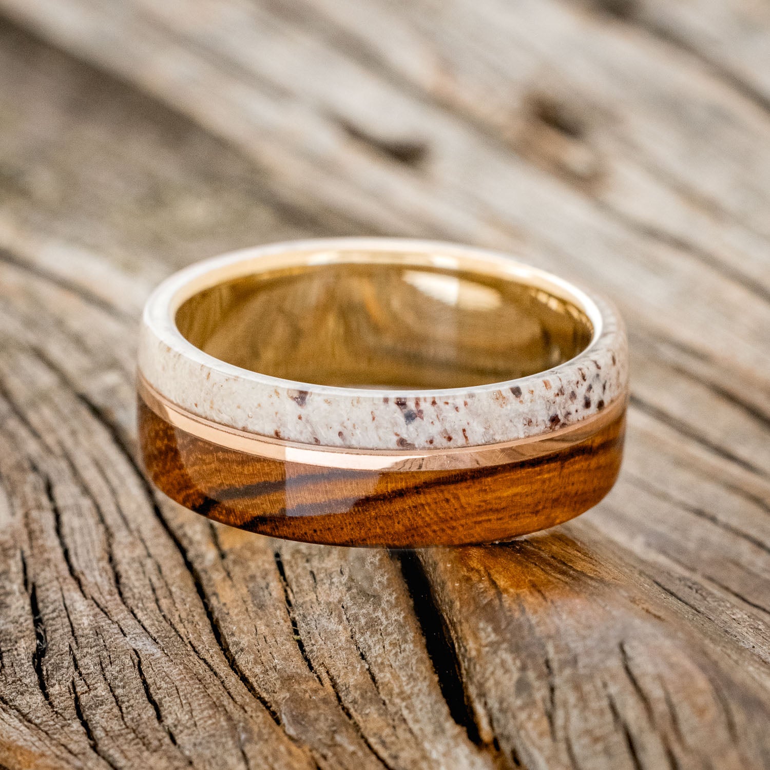 "GOLDEN" - IRONWOOD, ANTLER & 14K GOLD INLAY WEDDING RING FEATURING A 14K GOLD BAND-3