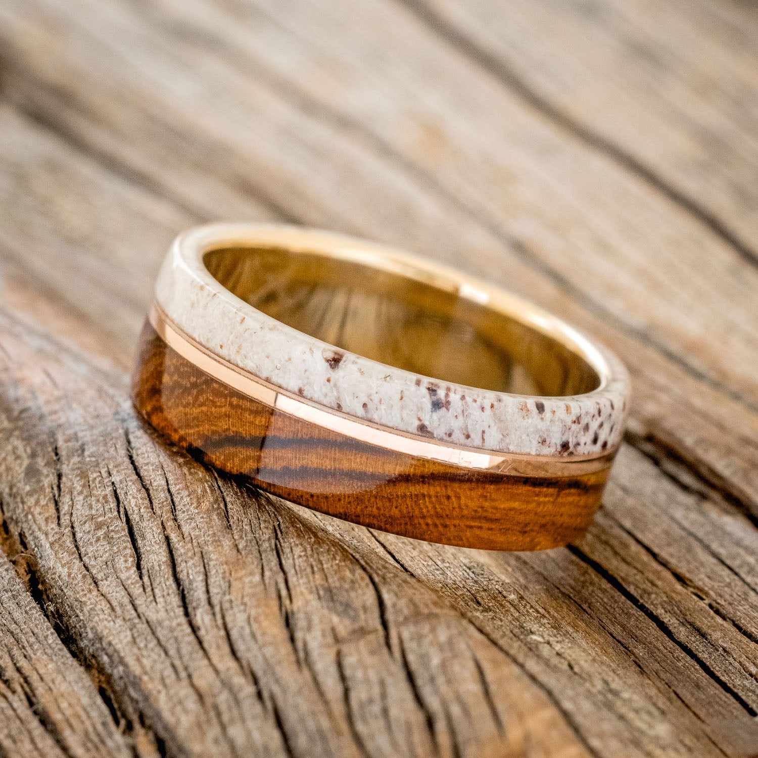 "GOLDEN" - IRONWOOD, ANTLER & 14K GOLD INLAY WEDDING RING FEATURING A 14K GOLD BAND-2