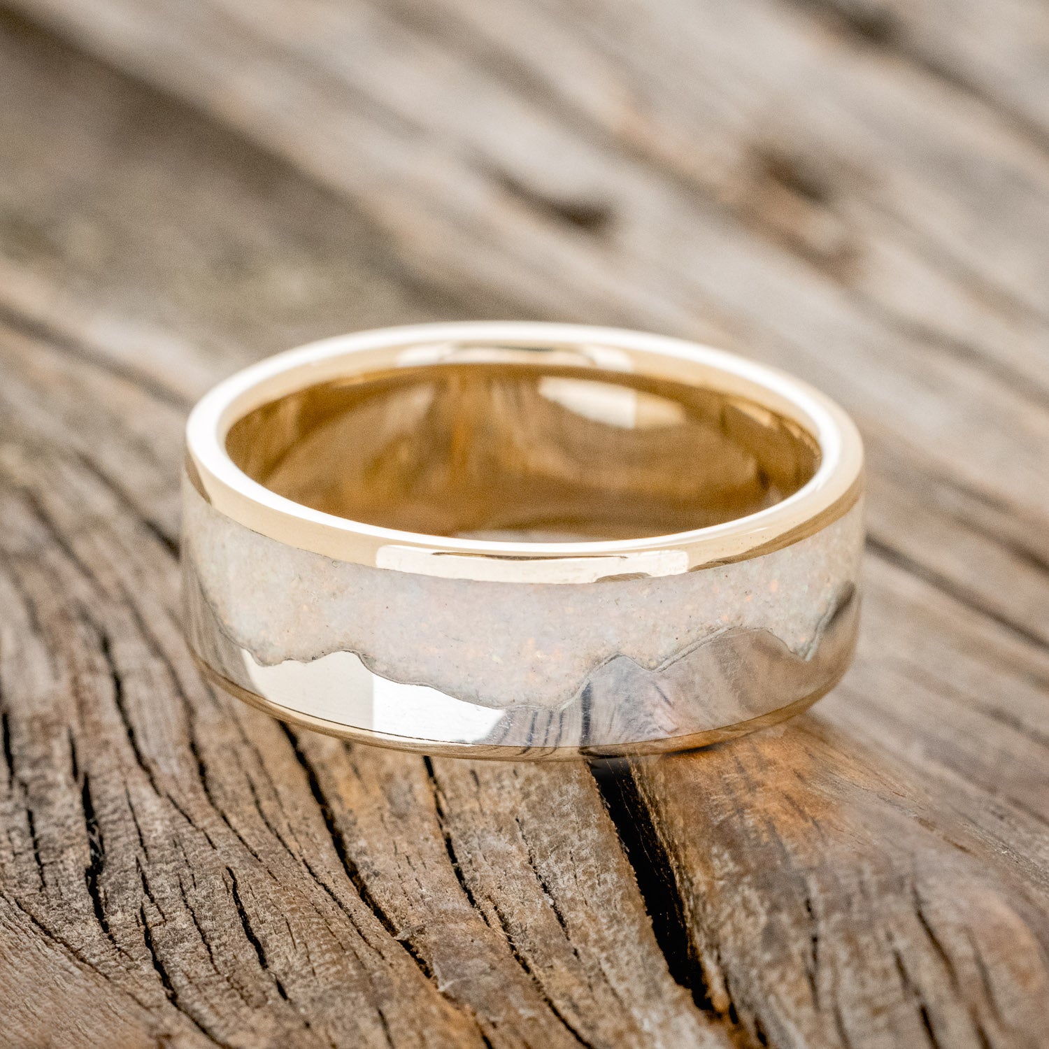 "HELIOS" - FIRE AND ICE OPAL & 14K WHITE GOLD MOUNTAIN RANGE WEDDING RING FEATURING A 14K GOLD BAND-3