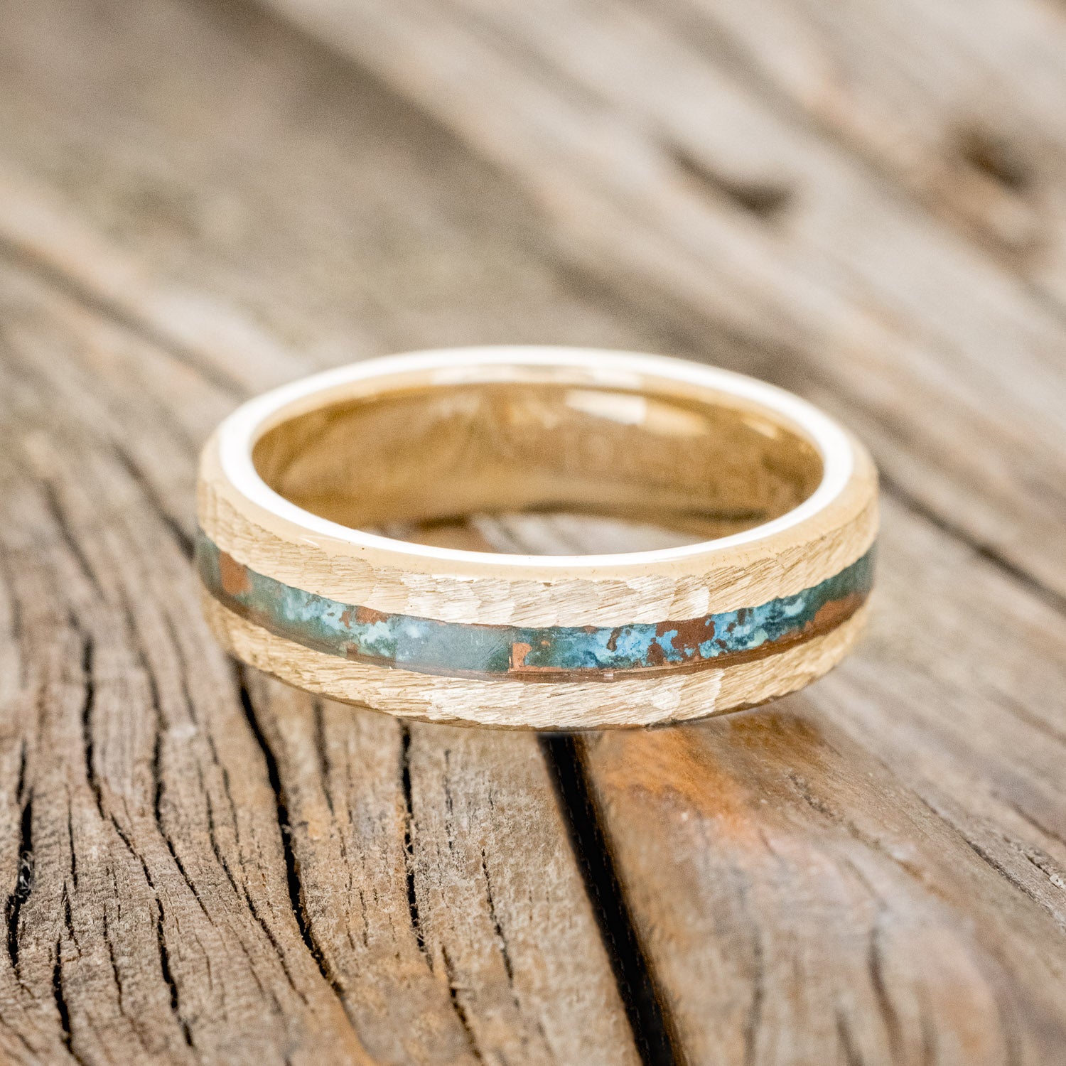 "NIRVANA" - CENTERED PATINA COPPER WEDDING RING FEATURING A HAMMERED 14K GOLD BAND-3