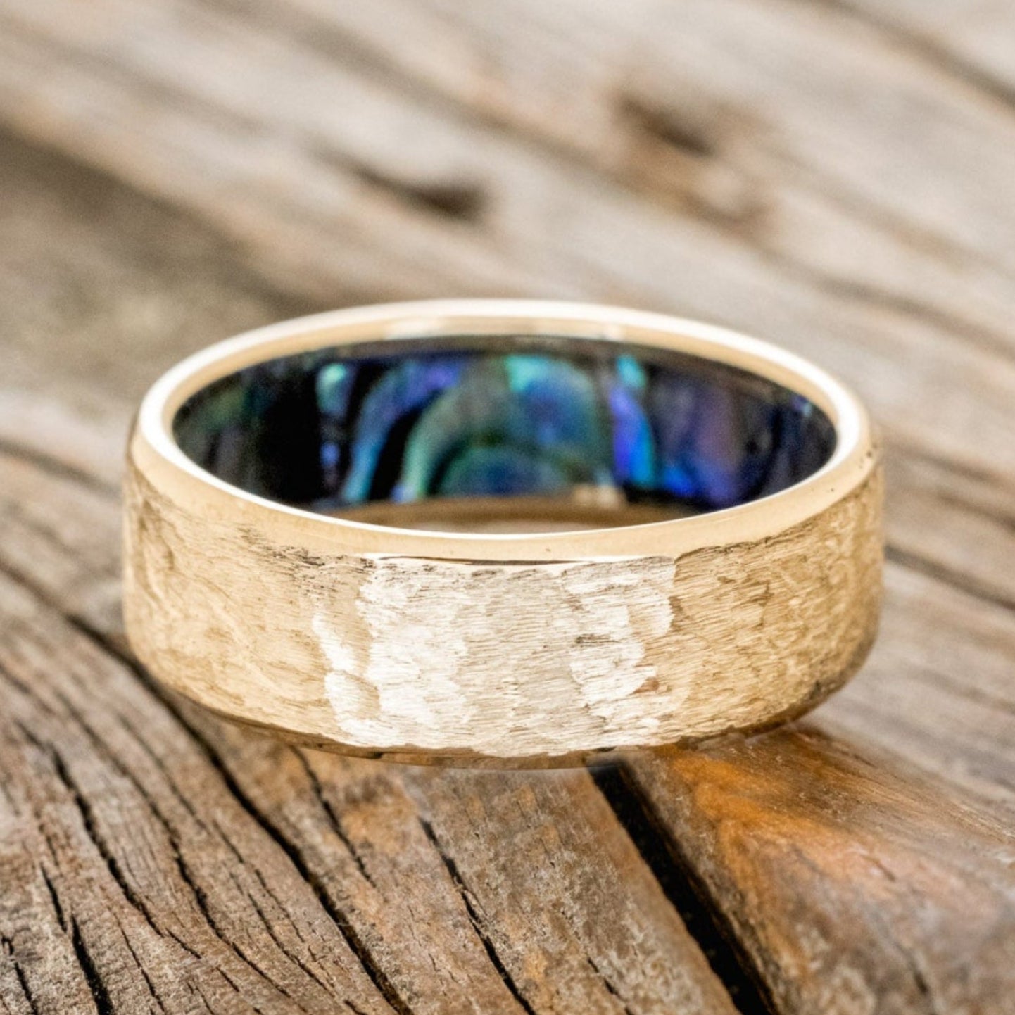 PAUA SHELL LINED WEDDING RING FEATURING A HAMMERED 14K GOLD BAND-6