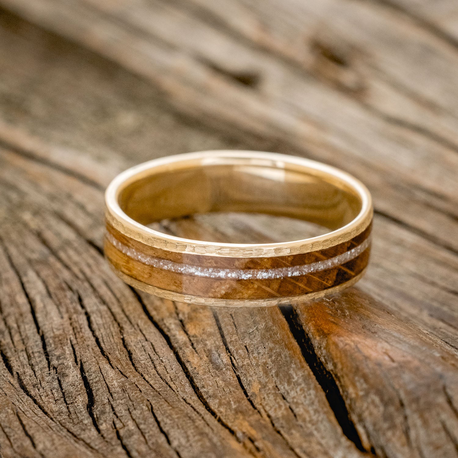 "RAINIER" - DIAMOND DUST & WHISKEY BARREL OAK WEDDING RING FEATURING A HAMMERED 14K GOLD BAND-3