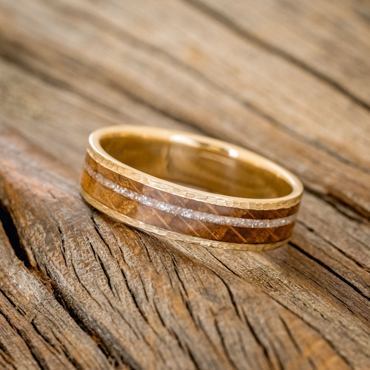 "RAINIER" - DIAMOND DUST & WHISKEY BARREL OAK WEDDING RING FEATURING A HAMMERED 14K GOLD BAND-2