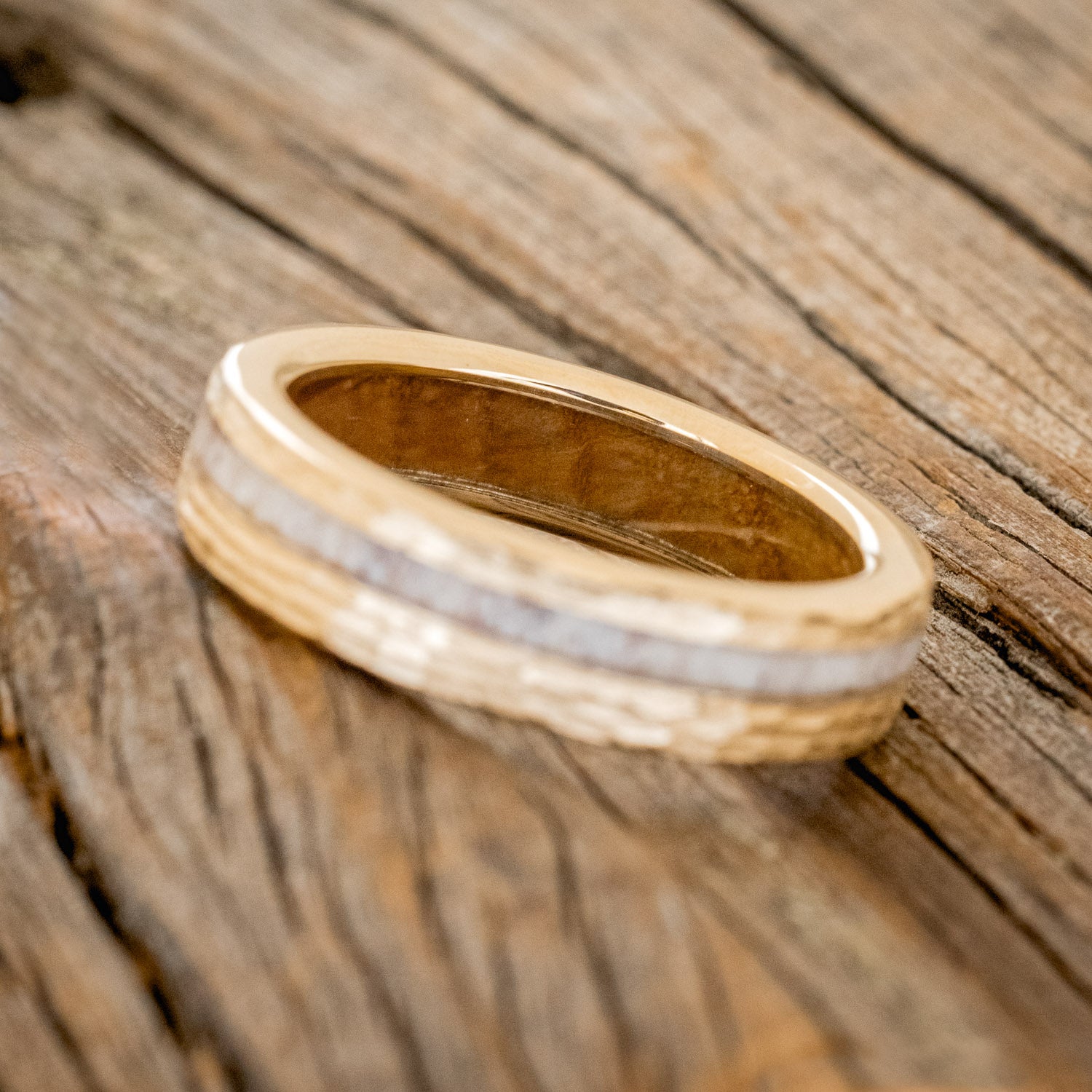 "VERTIGO" - ANTLER INLAY WEDDING RING FEATURING A WHISKEY BARREL LINING & HAMMERED FINISH-5