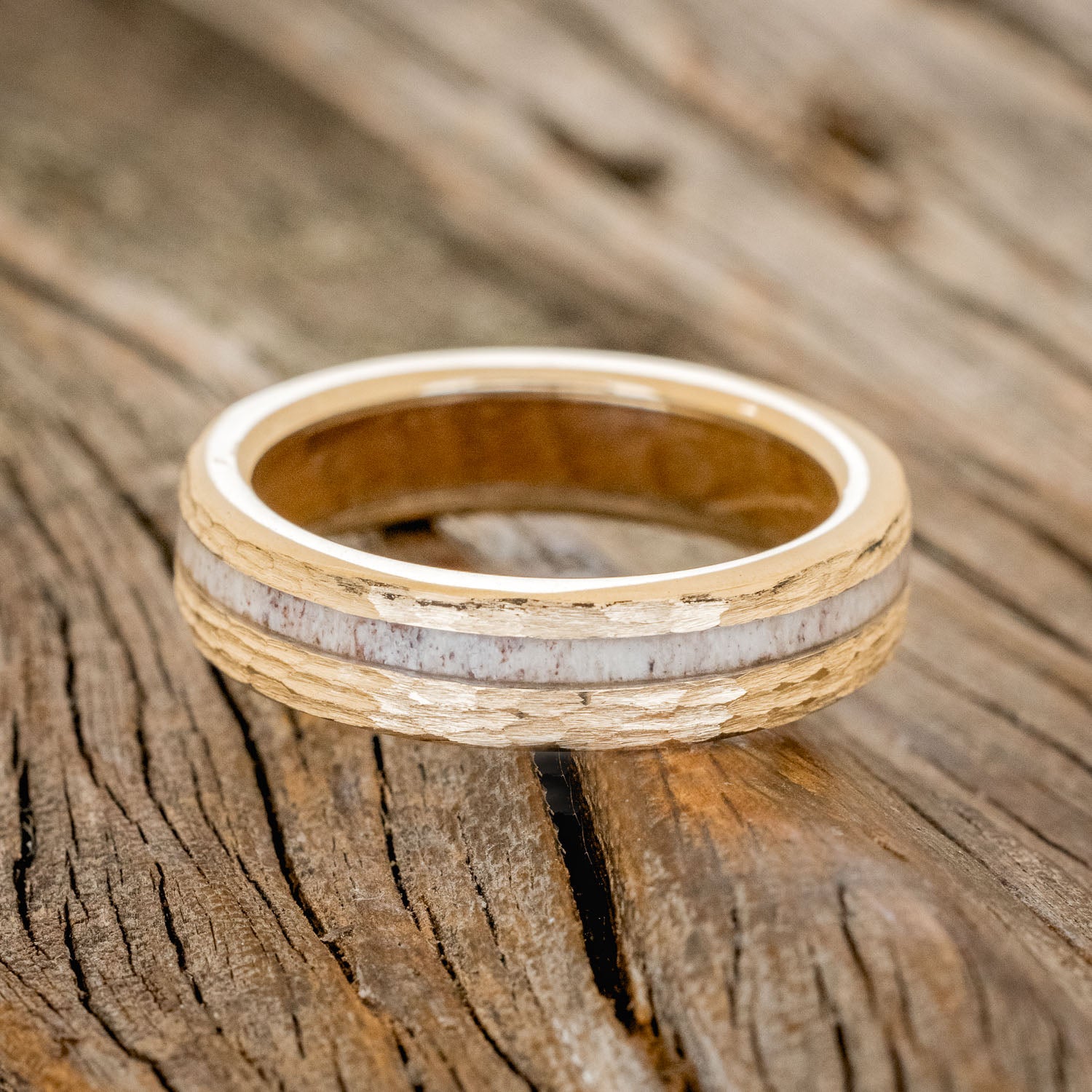 "VERTIGO" - ANTLER INLAY WEDDING RING FEATURING A WHISKEY BARREL LINING & HAMMERED FINISH-3