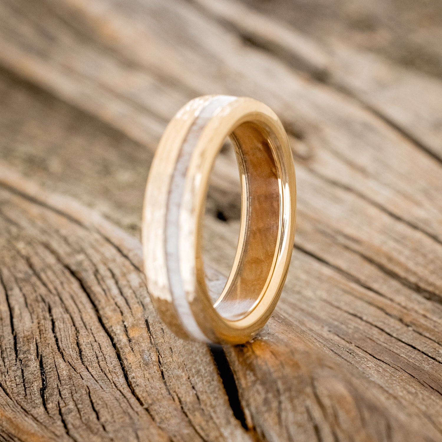 "VERTIGO" - MATCHING SET OF ELK ANTLER & WHISKEY BARREL LINING WEDDING BANDS WITH HAMMERED FINISH-11
