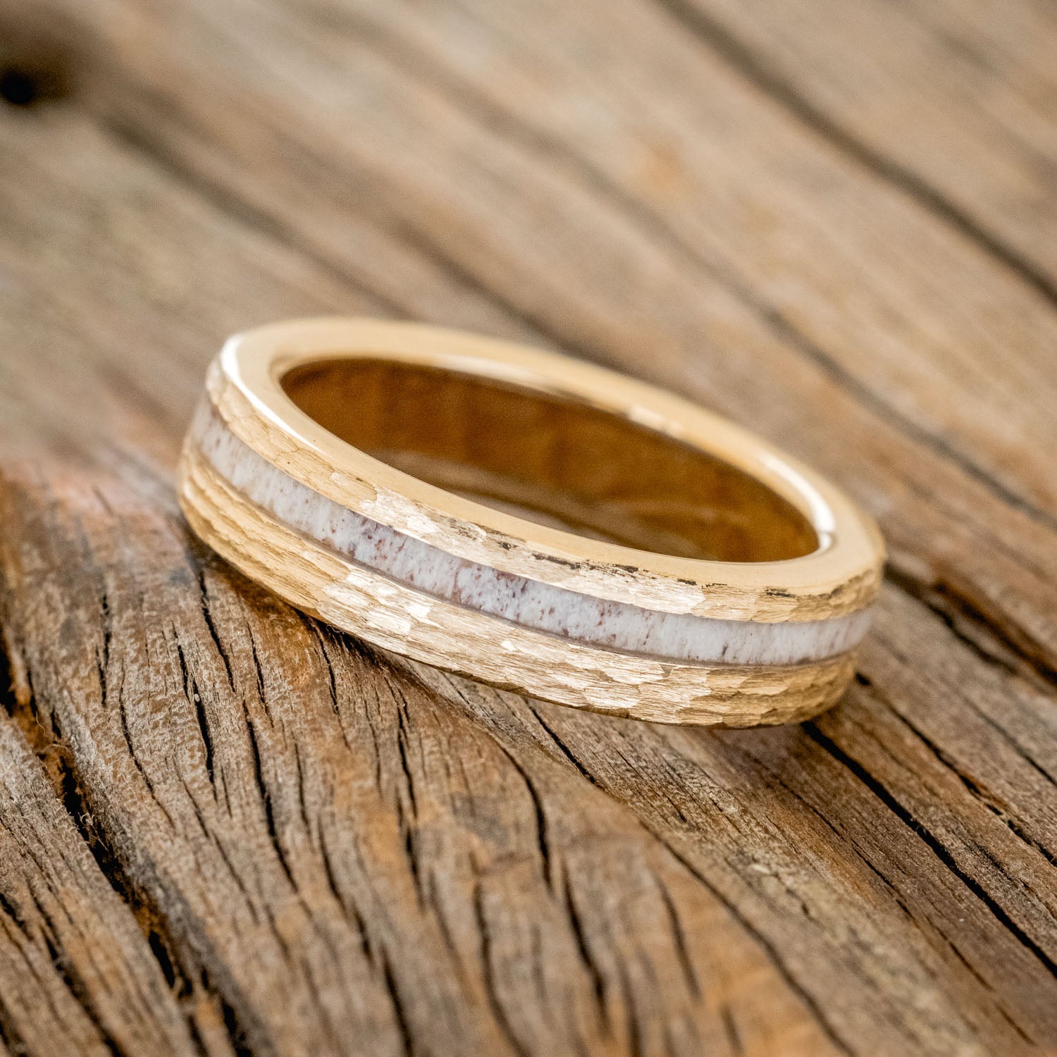 "VERTIGO" - ANTLER INLAY WEDDING RING FEATURING A WHISKEY BARREL LINING & HAMMERED FINISH-2
