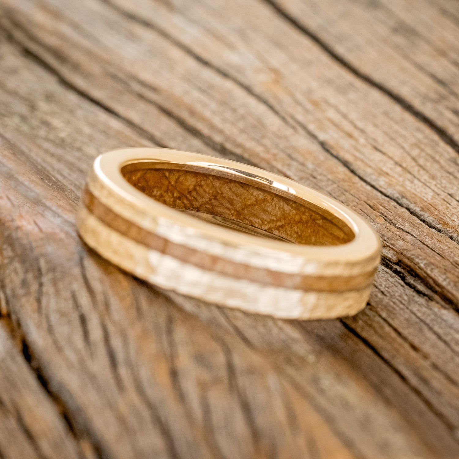 "VERTIGO" - MATCHING SET OF ELK ANTLER & WHISKEY BARREL LINING WEDDING BANDS WITH HAMMERED FINISH-6