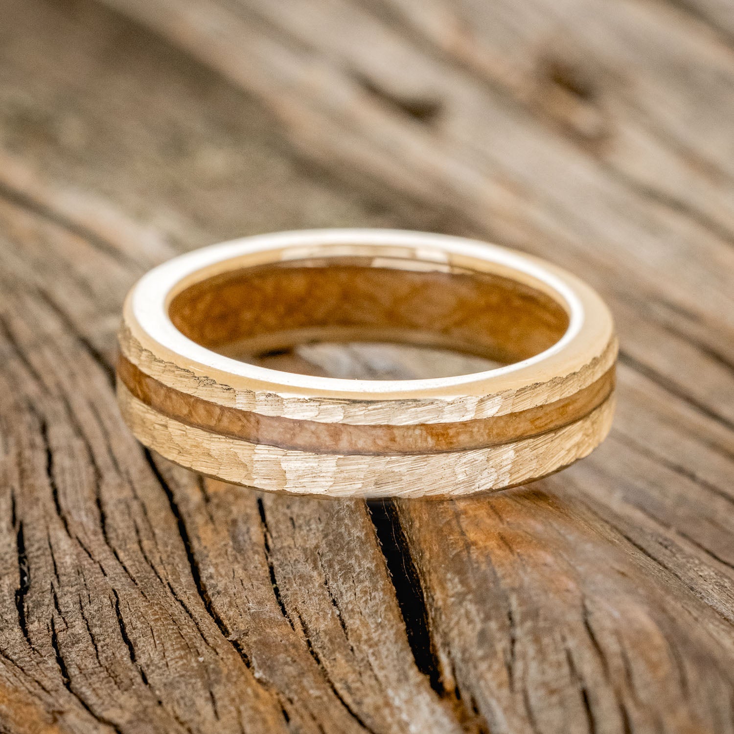 "VERTIGO" - MATCHING SET OF ELK ANTLER & WHISKEY BARREL LINING WEDDING BANDS WITH HAMMERED FINISH-4