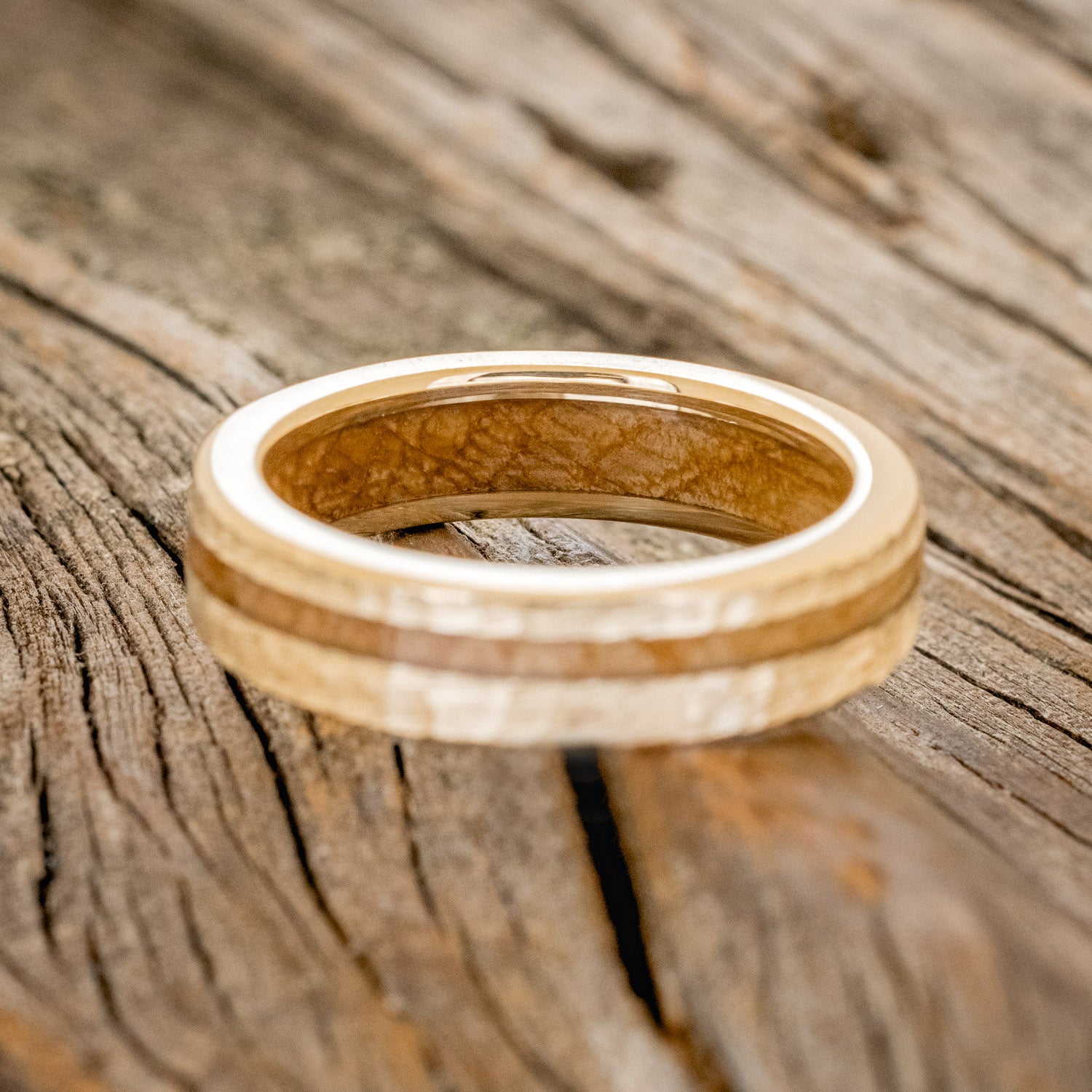 "VERTIGO" - MATCHING SET OF ELK ANTLER & WHISKEY BARREL LINING WEDDING BANDS WITH HAMMERED FINISH-7