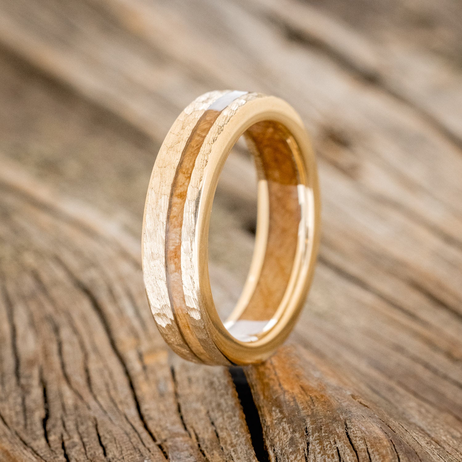 "VERTIGO" - MATCHING SET OF ELK ANTLER & WHISKEY BARREL LINING WEDDING BANDS WITH HAMMERED FINISH-2