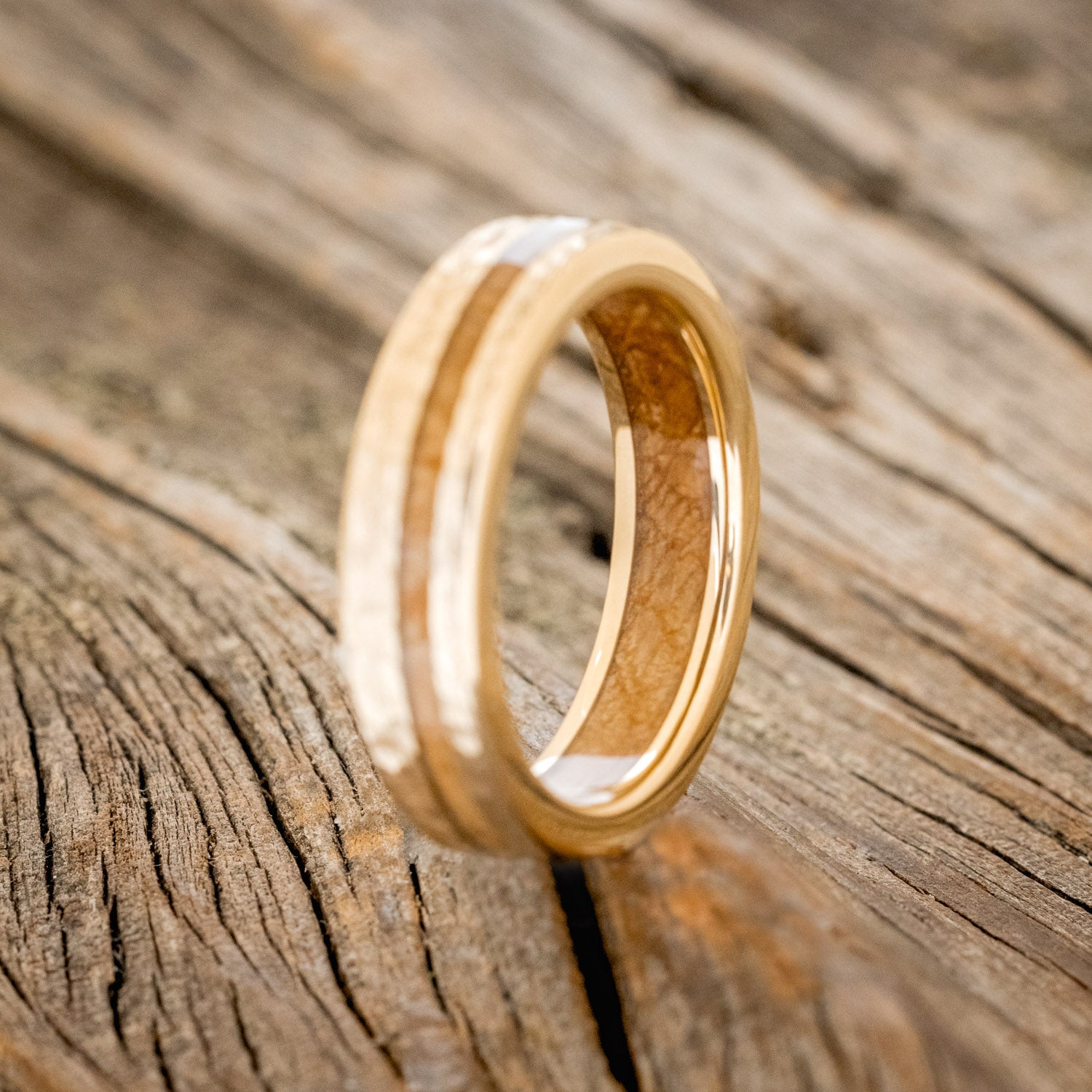 "VERTIGO" - MATCHING SET OF ELK ANTLER & WHISKEY BARREL LINING WEDDING BANDS WITH HAMMERED FINISH-5