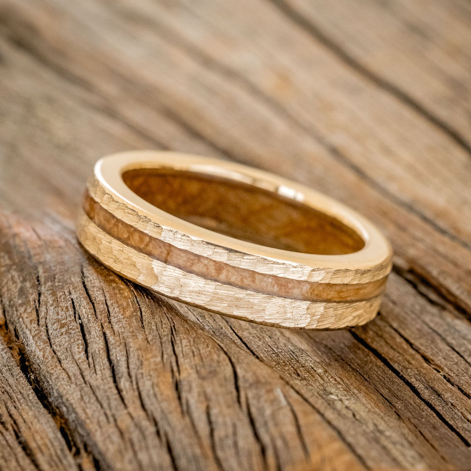 "VERTIGO" - MATCHING SET OF ELK ANTLER & WHISKEY BARREL LINING WEDDING BANDS WITH HAMMERED FINISH-3