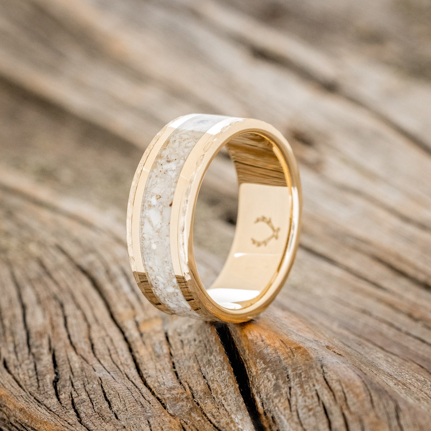 "HOLLIS" - ELK TOOTH IVORY & 14K GOLD INLAYS WEDDING RING FEATURING A HAMMERED BAND-4