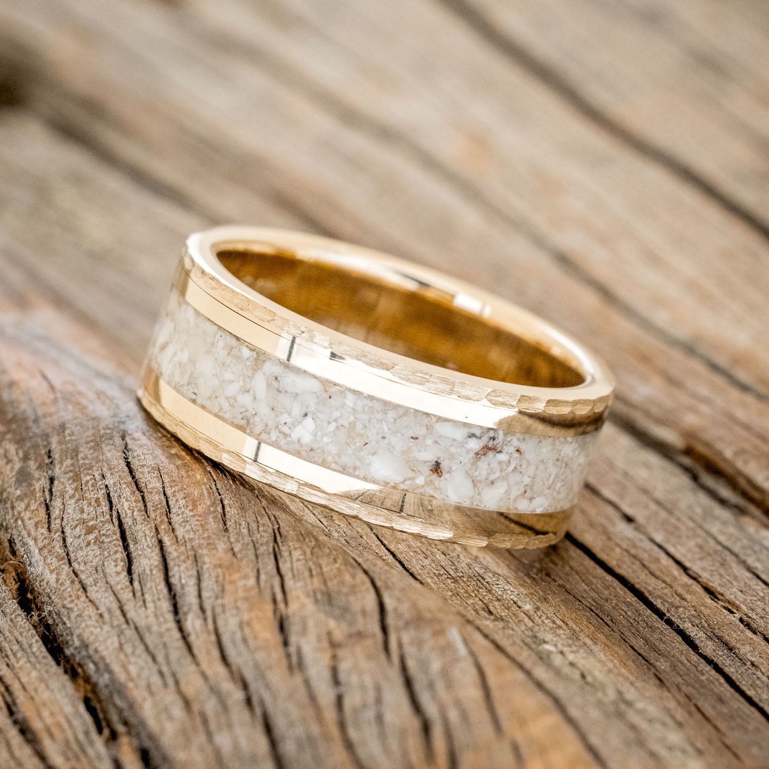 "HOLLIS" - ELK TOOTH IVORY & 14K GOLD INLAYS WEDDING RING FEATURING A HAMMERED BAND-5