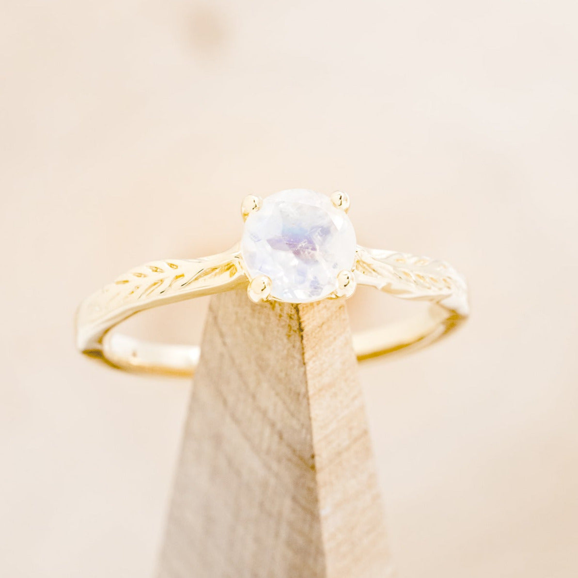 "HOPE" - ROUND CUT MOONSTONE SOLITAIRE ENGAGEMENT RING WITH FEATHER ACCENTS-7